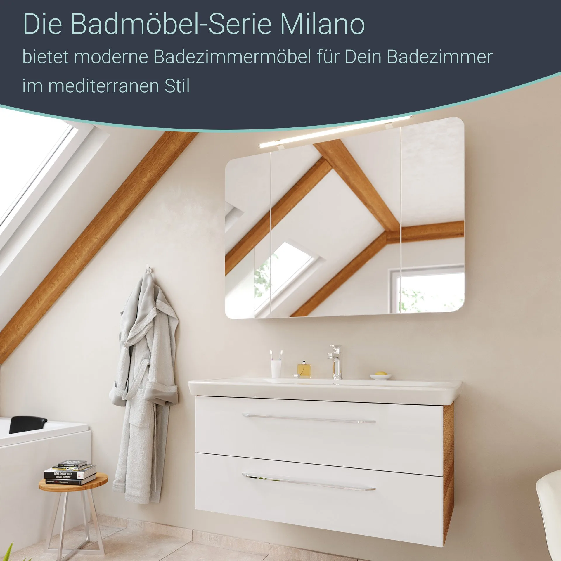 FACKELMANN MILANO Waschbecken mit Unterschrank 107 cm breit, Weiß/Braun hell, Waschbecken Keramik Weiß