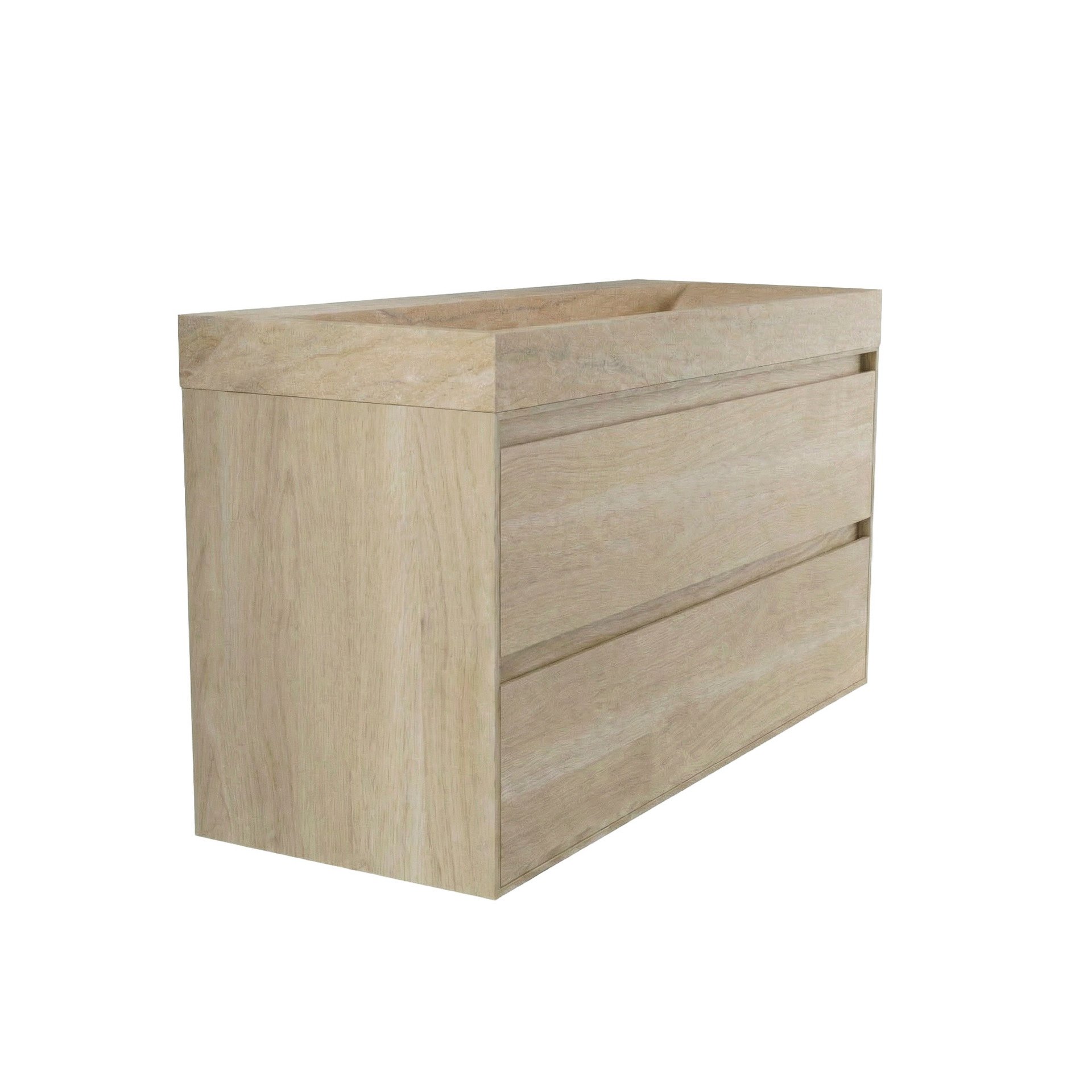 FORZALAQUA IBIZA BELLEZZA Waschbecken mit Unterschrank 120 cm, Braun hell, Natursteinwaschbecken Travertin matt ohne Hahnloch, 2 Schubladen