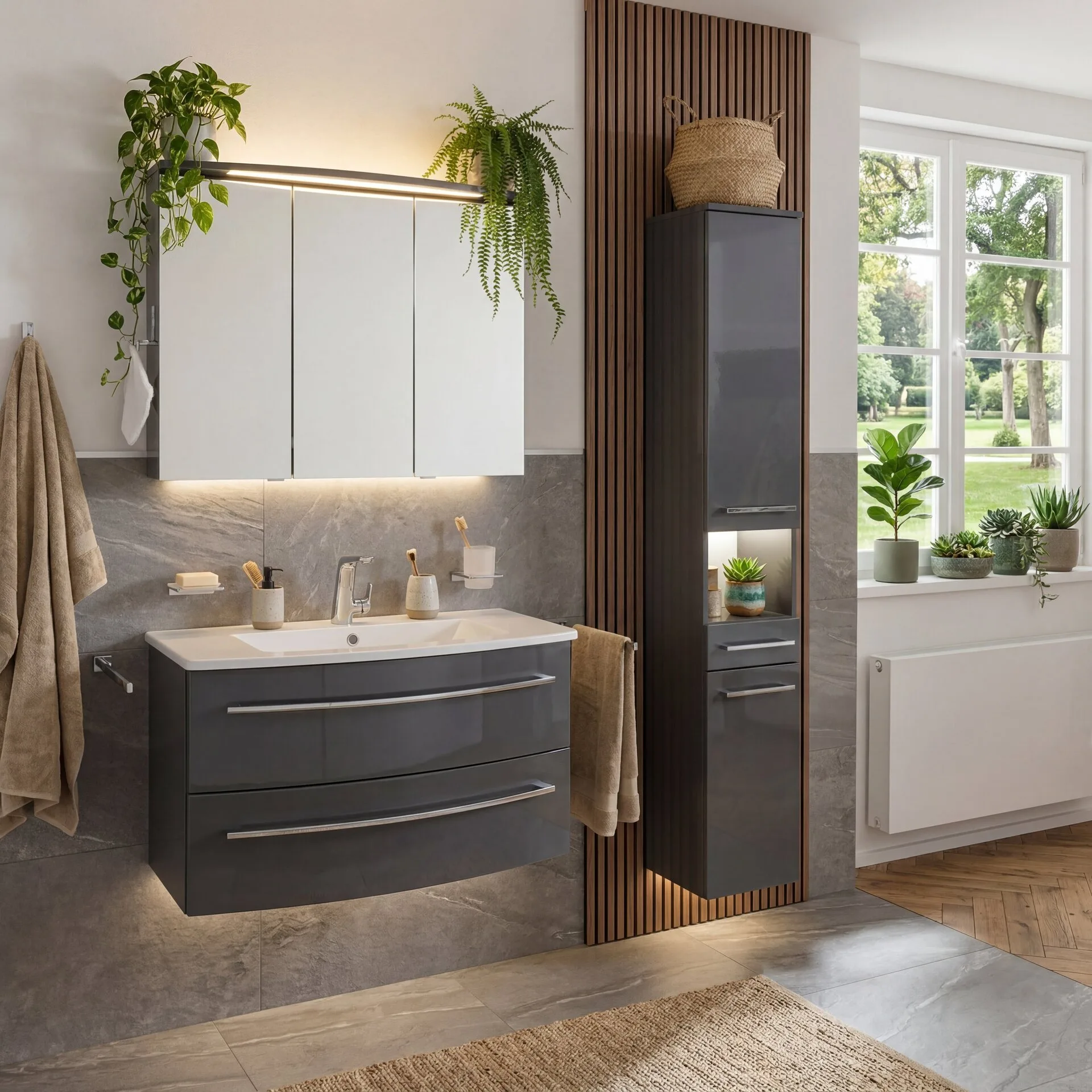 LANZET IMPULSO Waschbecken mit Unterschrank 90 cm breit, Anthrazit, Waschbecken Keramik Weiß
