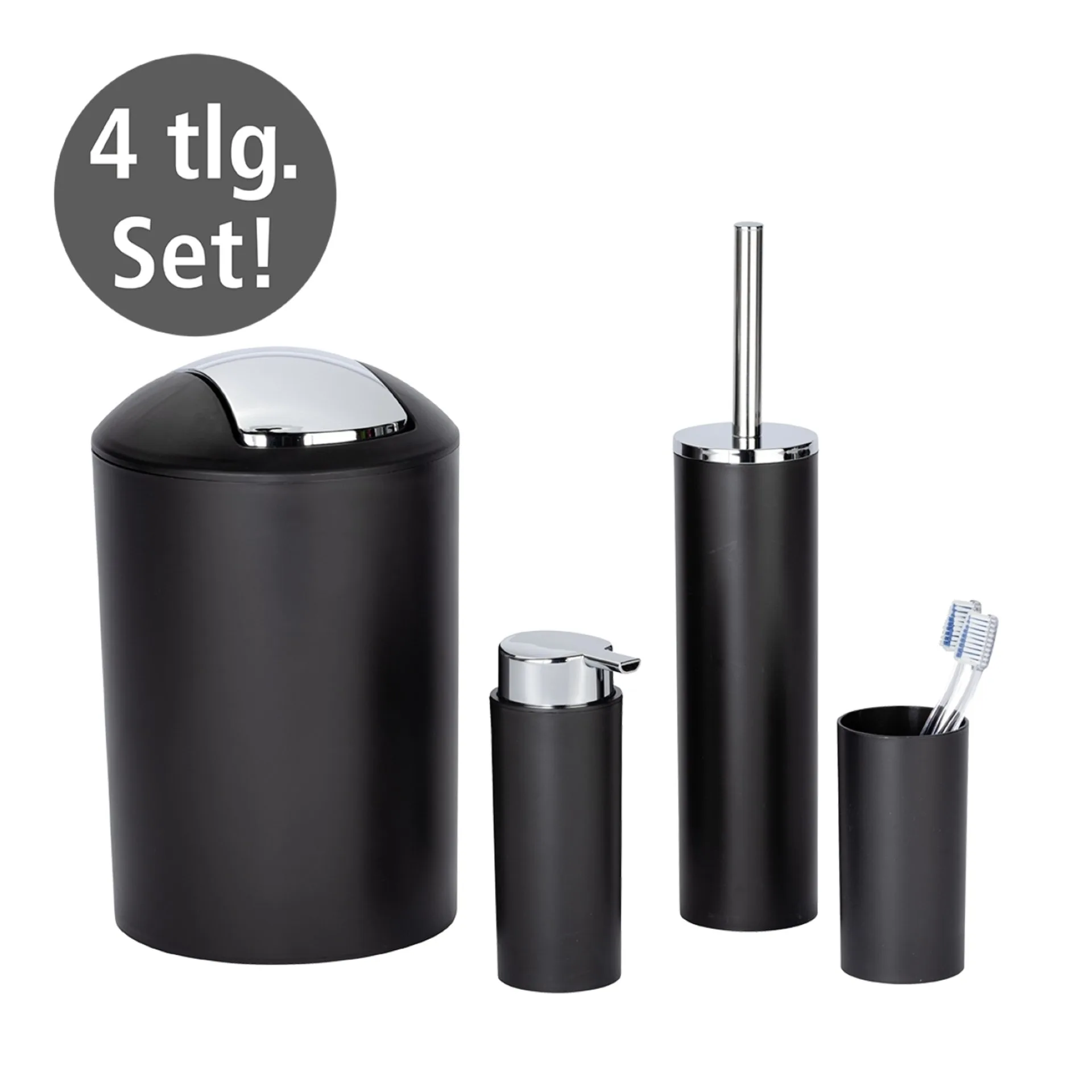 WENKO CALVO Accessoire Set, Schwarz, Zahnputzbecher, Seifenspender, WC-Garnitur, Kosmetikeimer