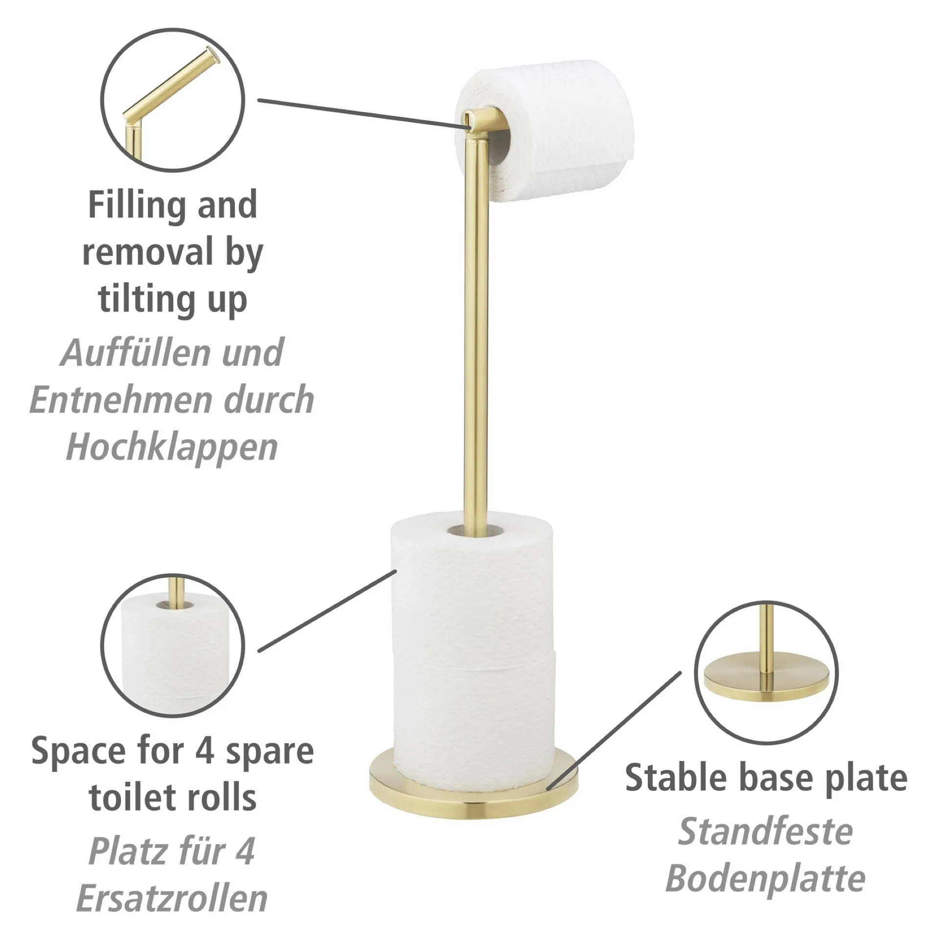 WENKO 2IN1 Toilettenpapierhalter, Gold, mit Bevorrater, stehend