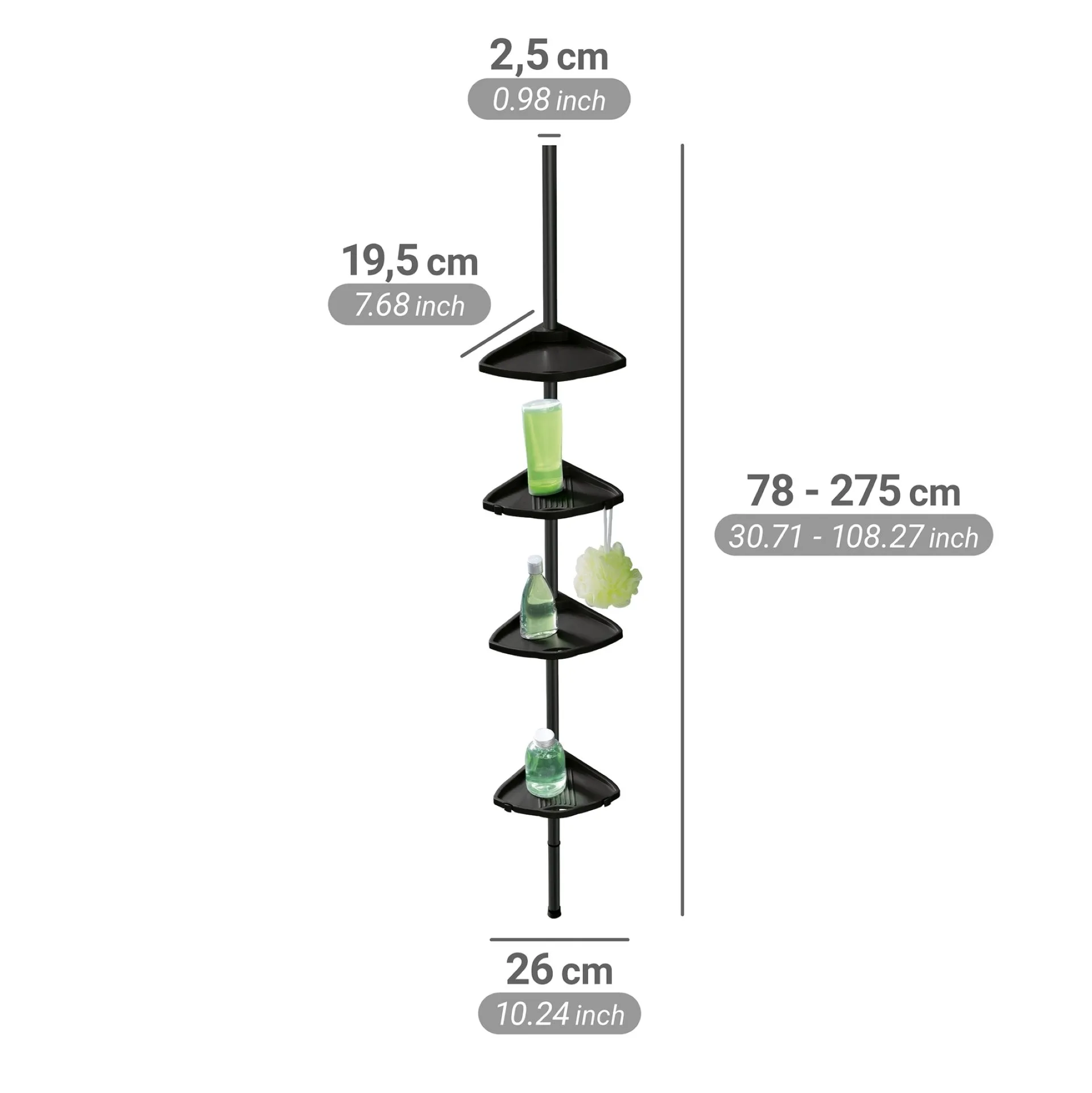 WENKO COMPACT Dusch Eckablage, Schwarz, 4 Etagen, Aluminium, zum Einklemmen
