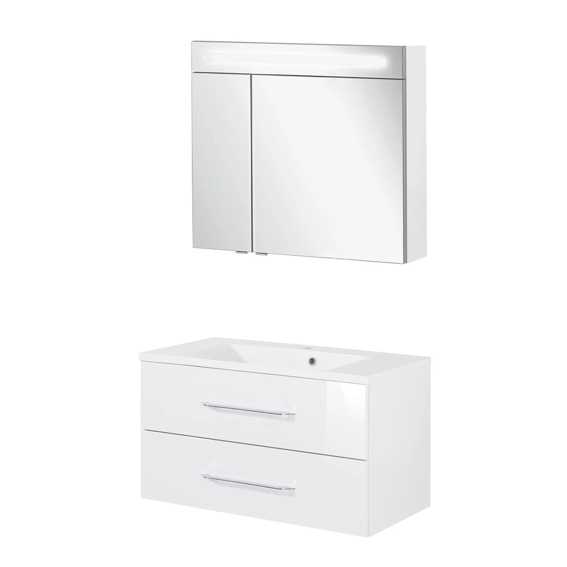 FACKELMANN B.CLEVER Waschtisch Set mit Spiegelschrank 90 cm breit, Weiß, Waschbecken Gussmarmor Weiß