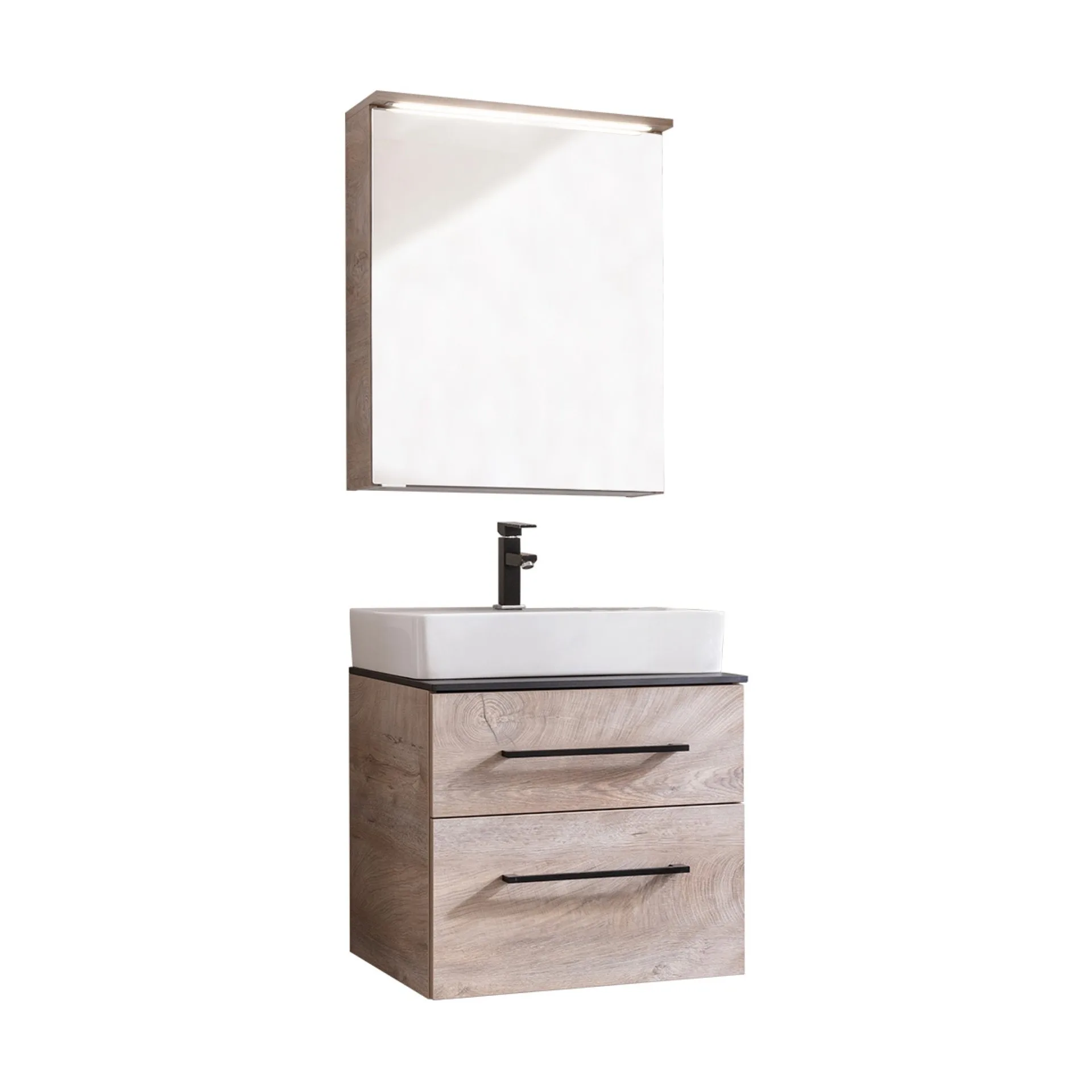 FACKELMANN OXFORD Badmöbel Set 4-teilig 60 cm breit, Braun hell, Aufsatzwaschbecken Keramik Weiß + Waschtischplatte + LED Spiegelschrank