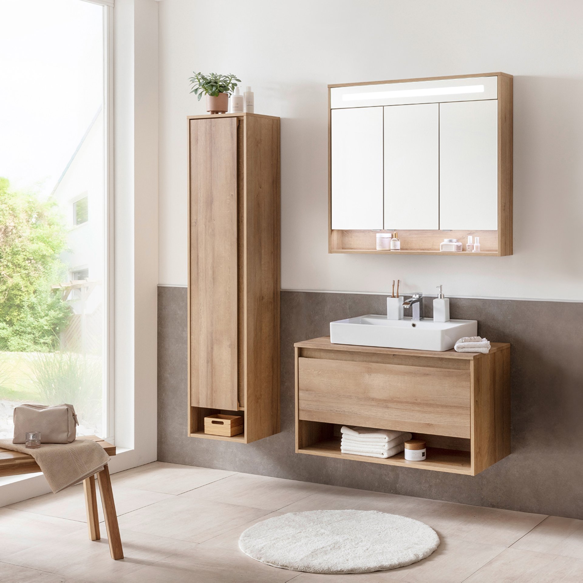 Fackelmann NATURA Badmöbel Set 4-teilig, 94 cm, Braun hell + Spiegelschrank + Hochschrank links