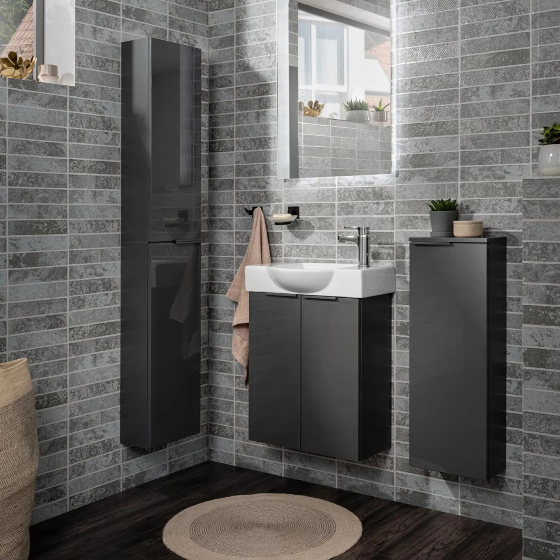 FACKELMANN SBC LUNA Waschbeckenunterschrank Gäste WC 55 cm breit, Anthrazit, 2 Türen