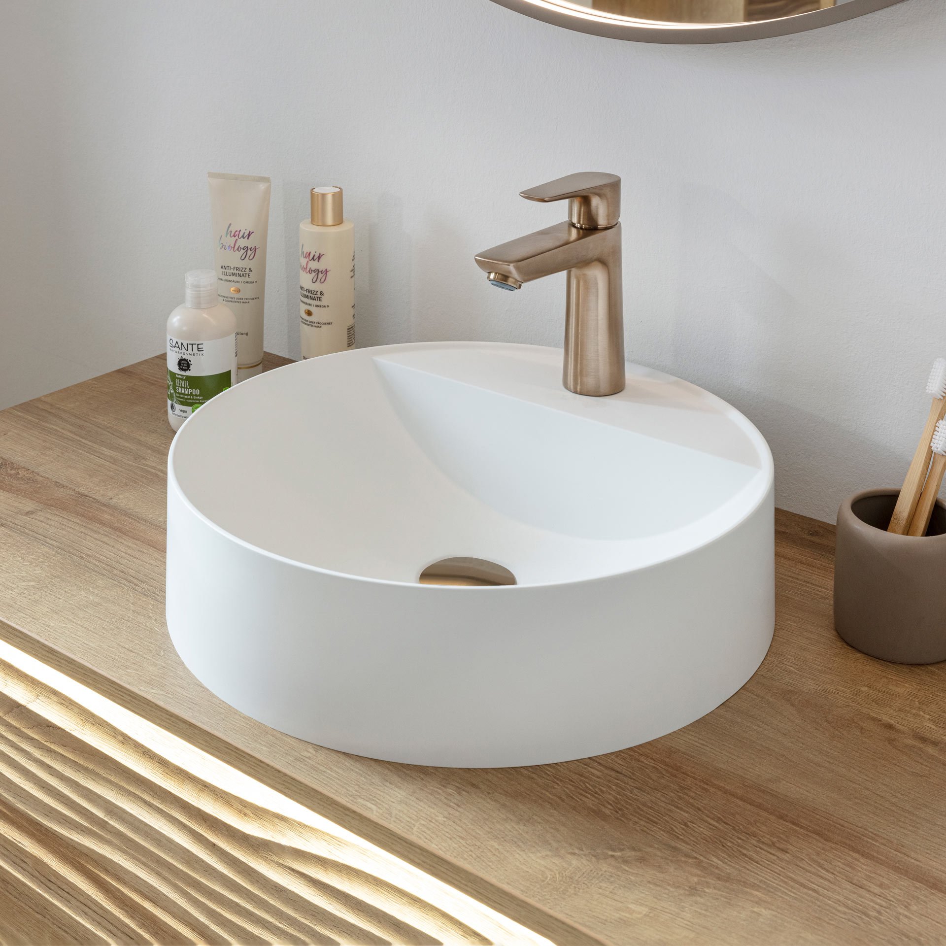 LANZET DUNE Waschbecken Gussmarmor Ø 40 cm, Weiß matt, rund