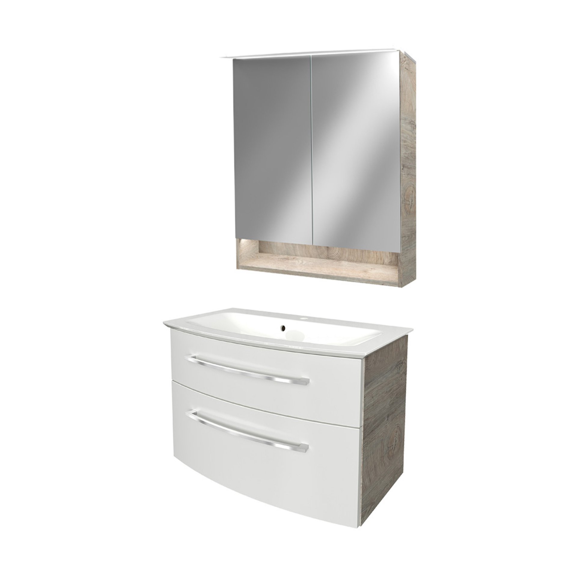 FACKELMANN B.STYLE Waschtisch Set mit Spiegelschrank 83 cm breit, Weiß/Braun, Waschbecken Gussmarmor Weiß