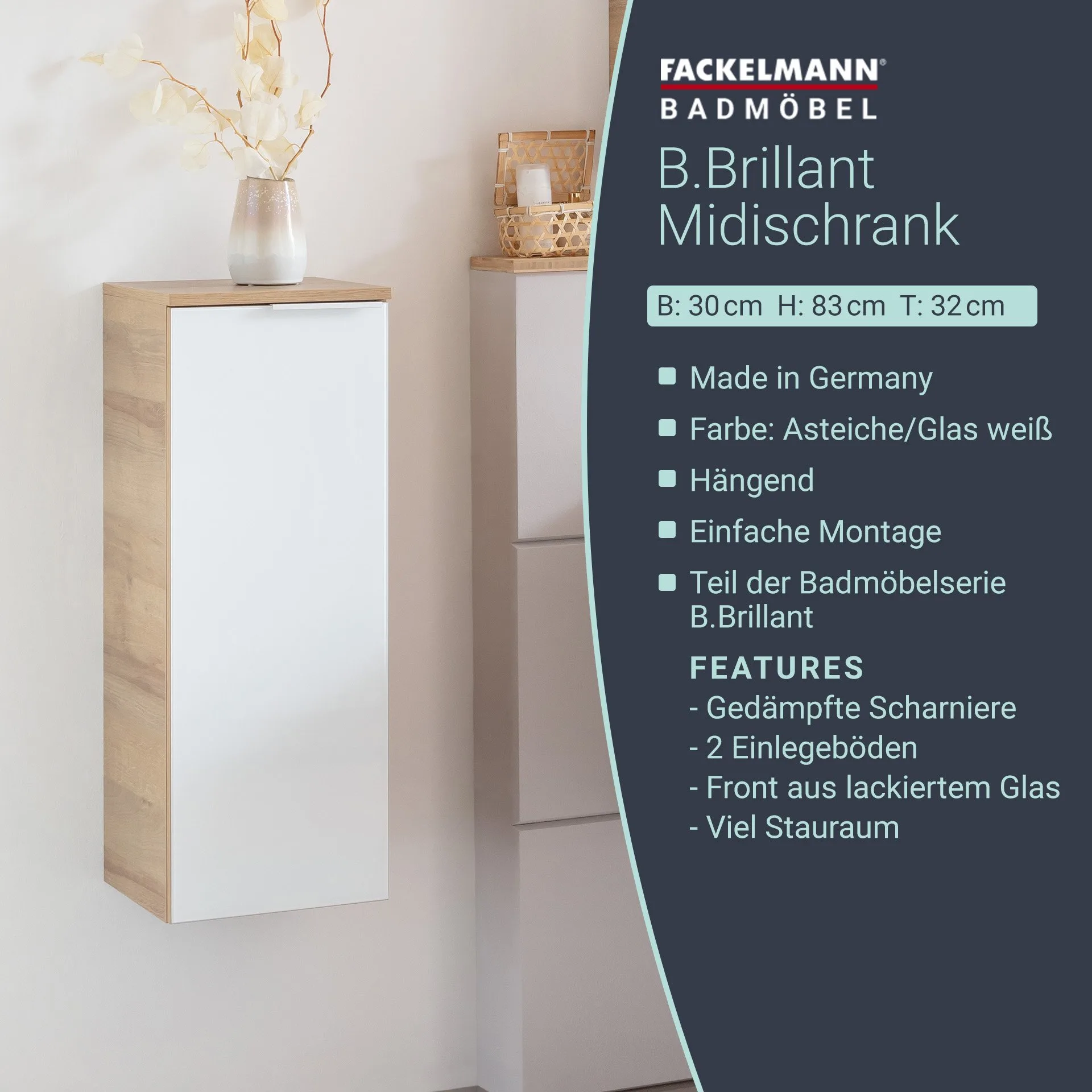 Fackelmann B.BRILLANT Midischrank, 30 cm breit, Weiß Glas/Braun hell