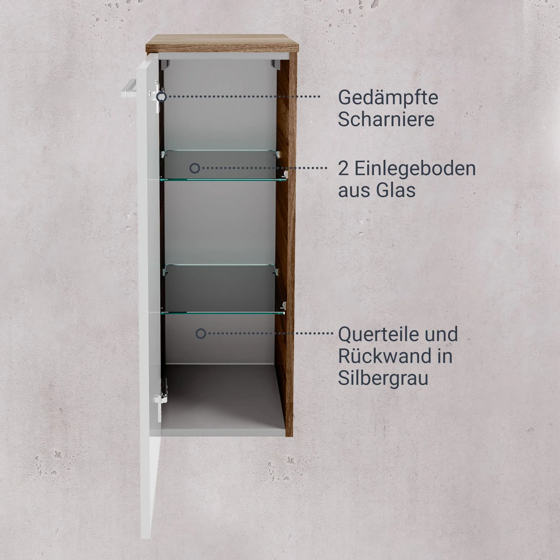 FACKELMANN VERONA Midischrank 30 cm breit, Weiß Hochglanz/Braun Dunkel, Türanschlag links
