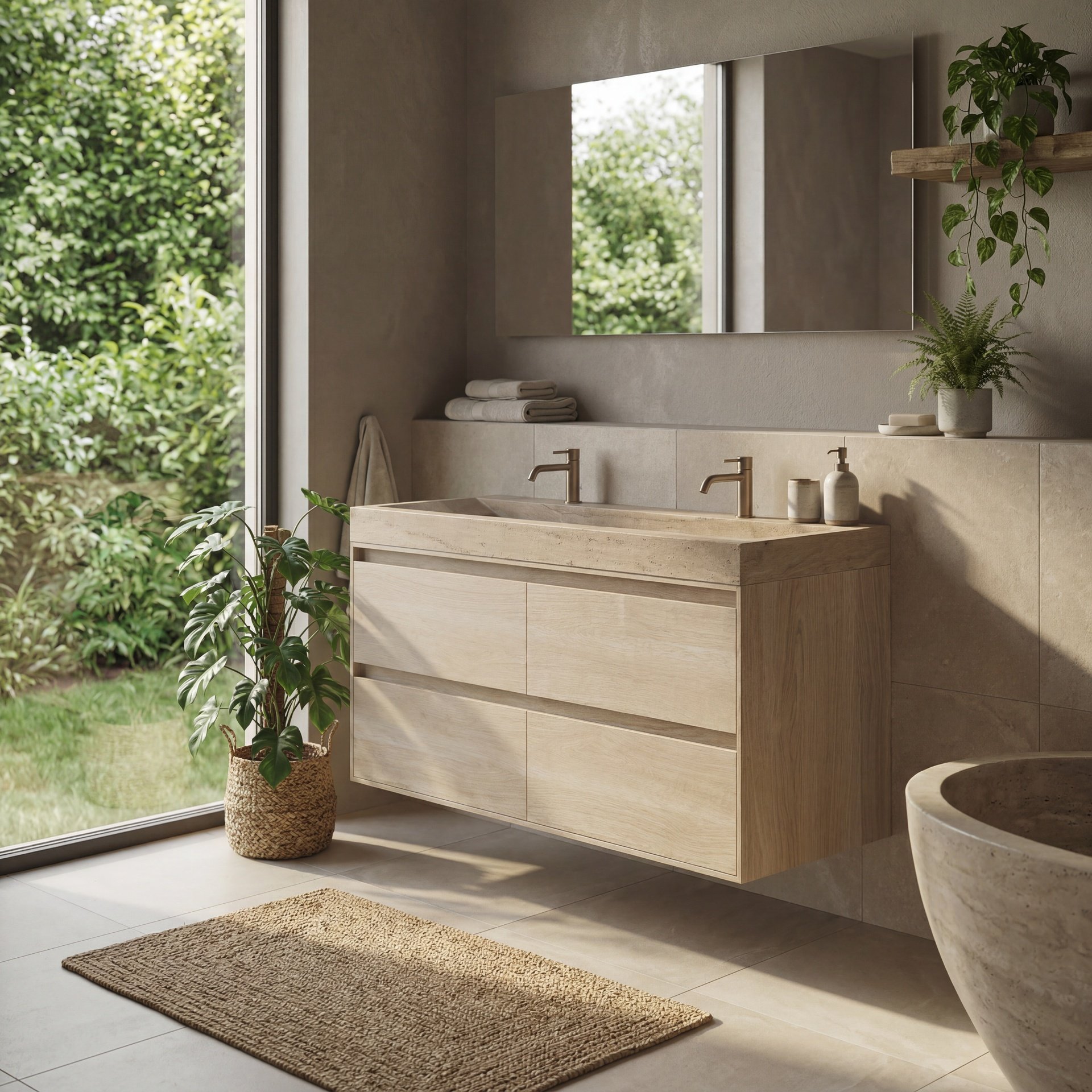 FORZALAQUA IBIZA BELLEZZA Waschbecken mit Unterschrank 120 cm breit, Braun hell, Natursteinwaschbecken Travertin matt mit zwei Hahnlöchern, 4 Schubladen