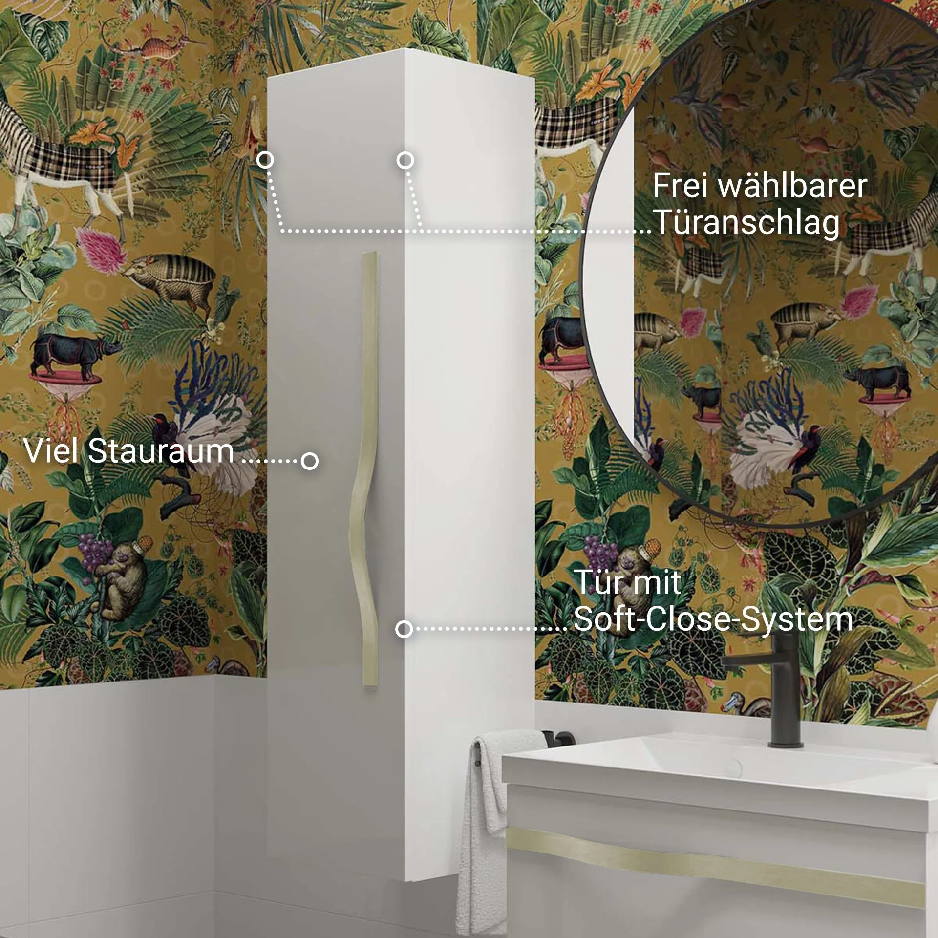 BADEDU FILS Hochschrank 33 cm breit, Weiß, Griff Silber