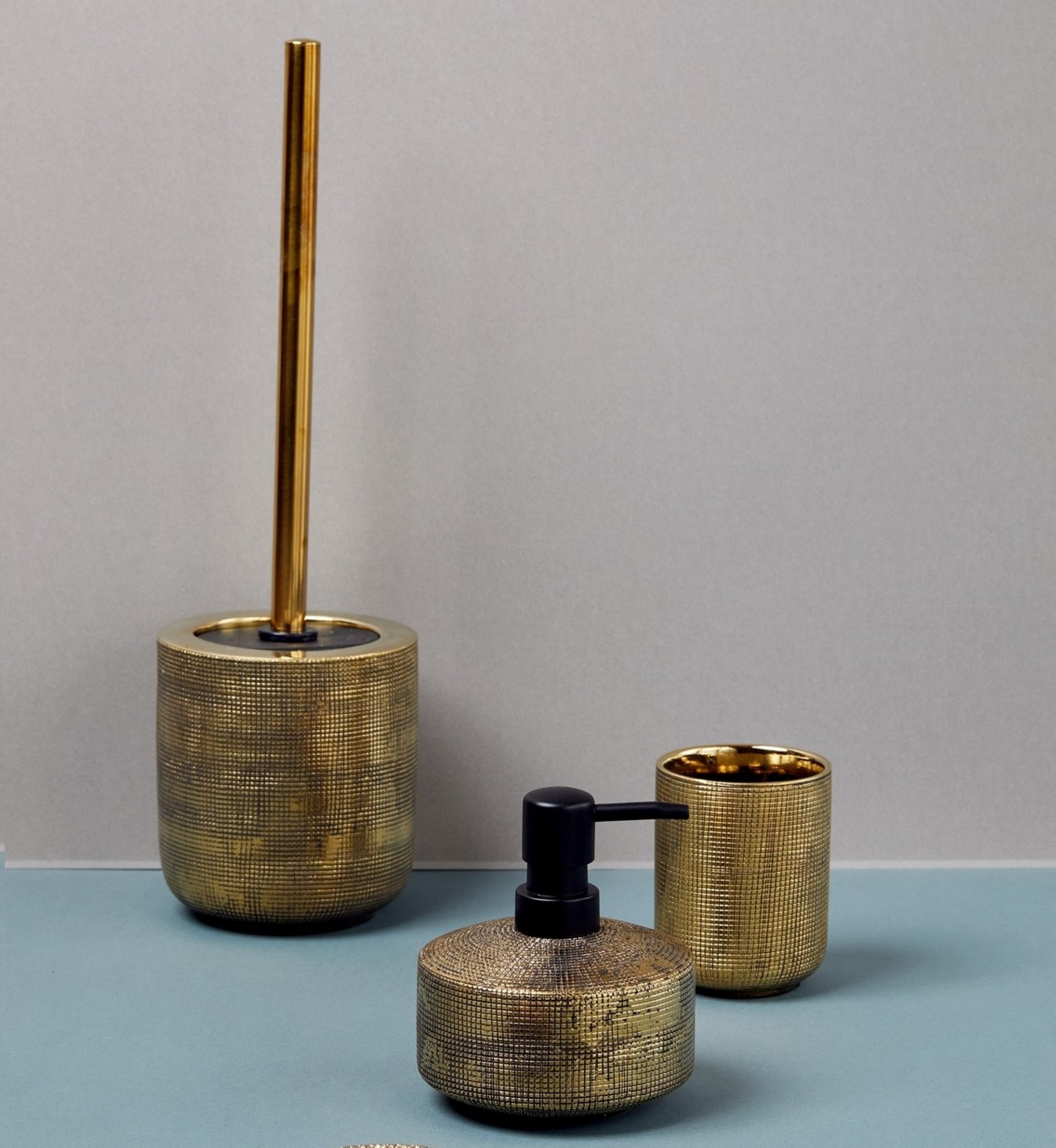 WENKO RIVARA Accessoire Set, Gold, Zahnputzbecher, Seifenspender, WC-Garnitur, Keramik