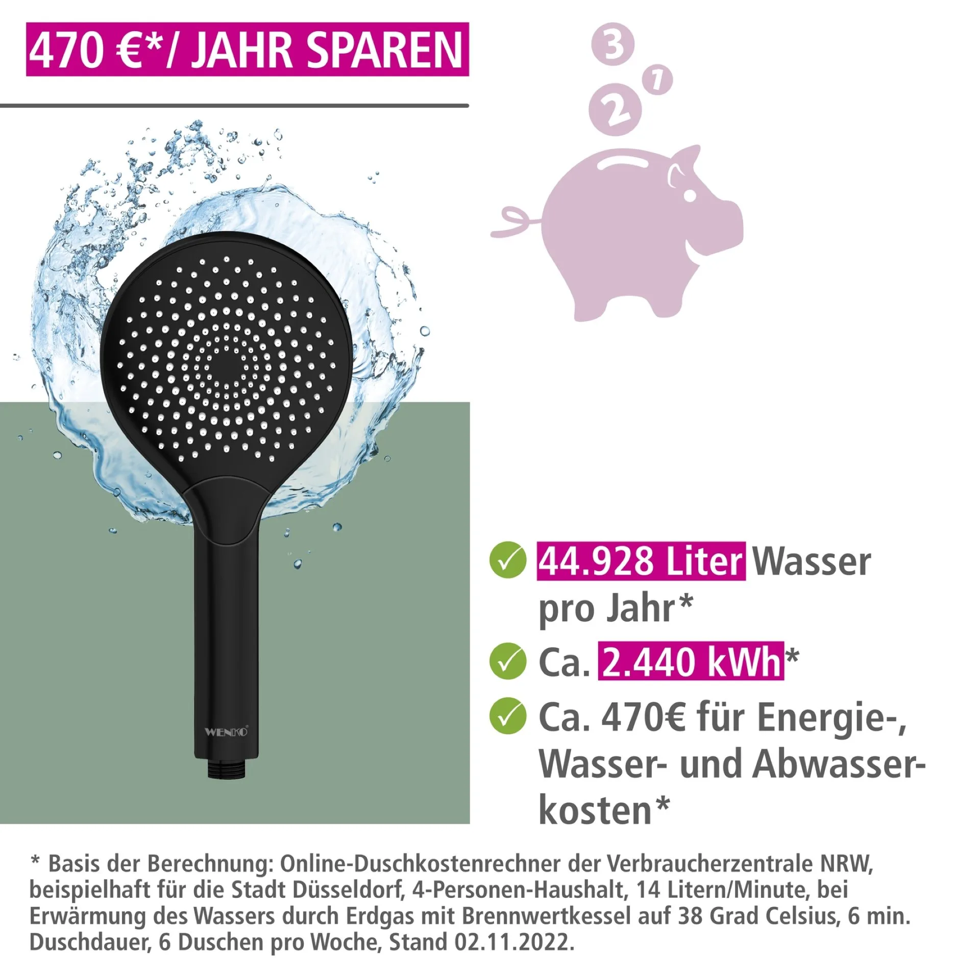 WENKO Duschkopf Ø 12 cm, Schwarz, mit Wassersparsystem, 3 verschiedene Wasserstrahlarten