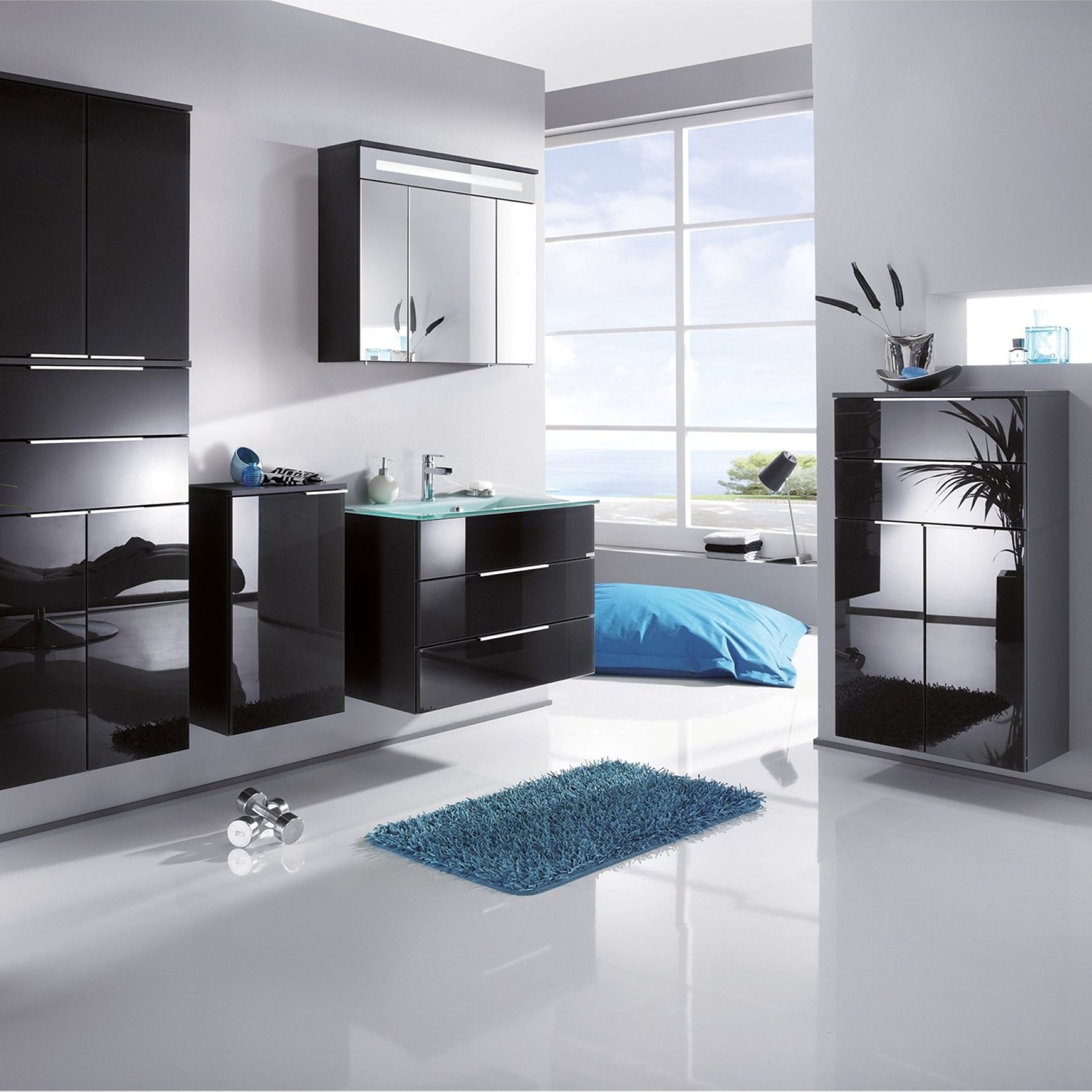 FACKELMANN KARA Waschtisch Set mit Spiegelschrank 80 cm breit, Anthrazit, Waschbecken Glas Mint, 2 Schubladen