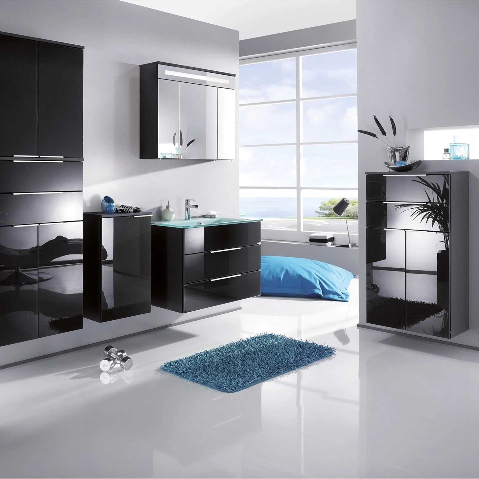FACKELMANN KARA Waschtisch Set mit Spiegelschrank 80 cm breit, Anthrazit, Waschbecken Glas Mint, 2 Schubladen