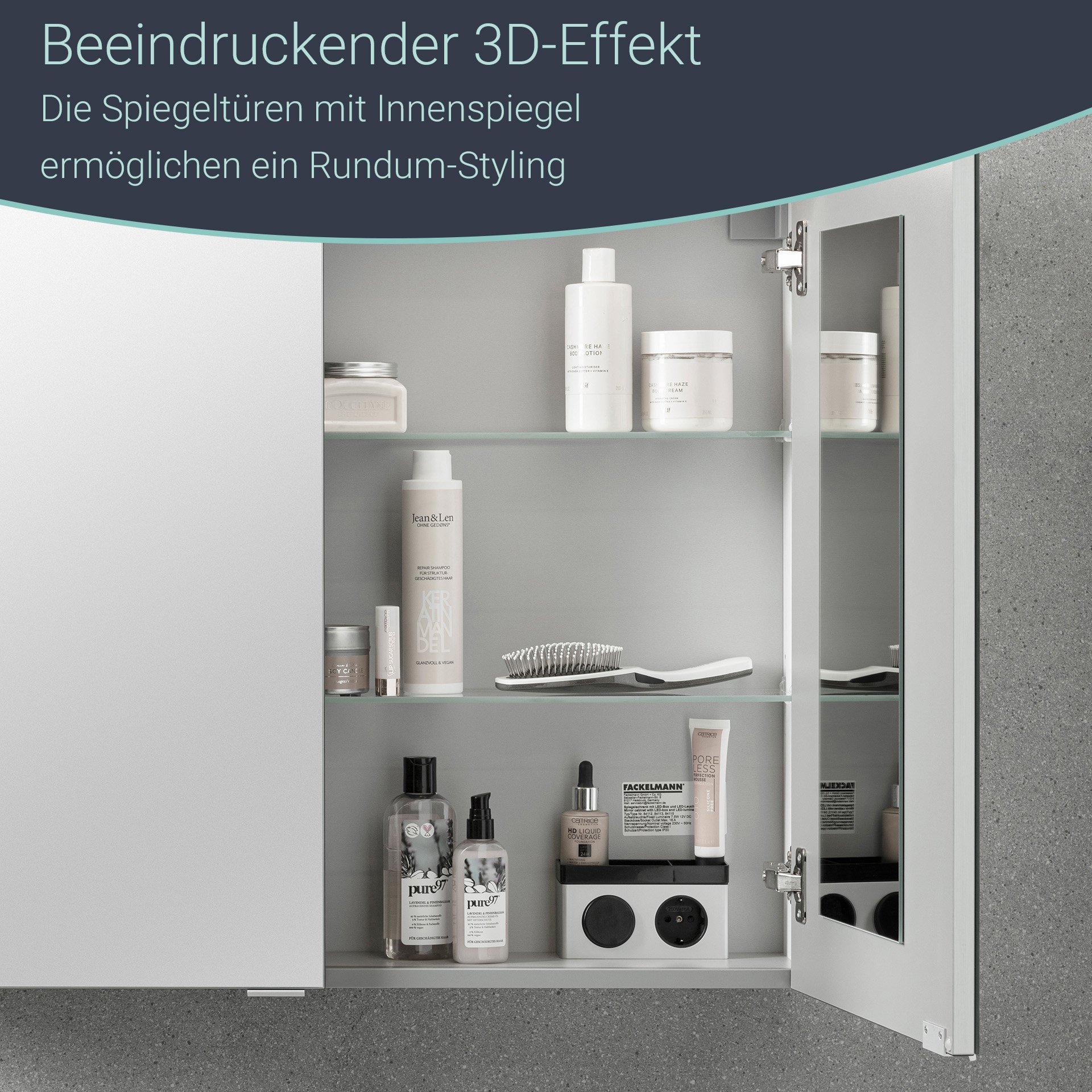 FACKELMANN B.PERFEKT Badmöbel Set 4-teilig 103 cm breit, Braun hell, Waschbecken Keramik Weiß + LED Spiegelschrank + Midischrank