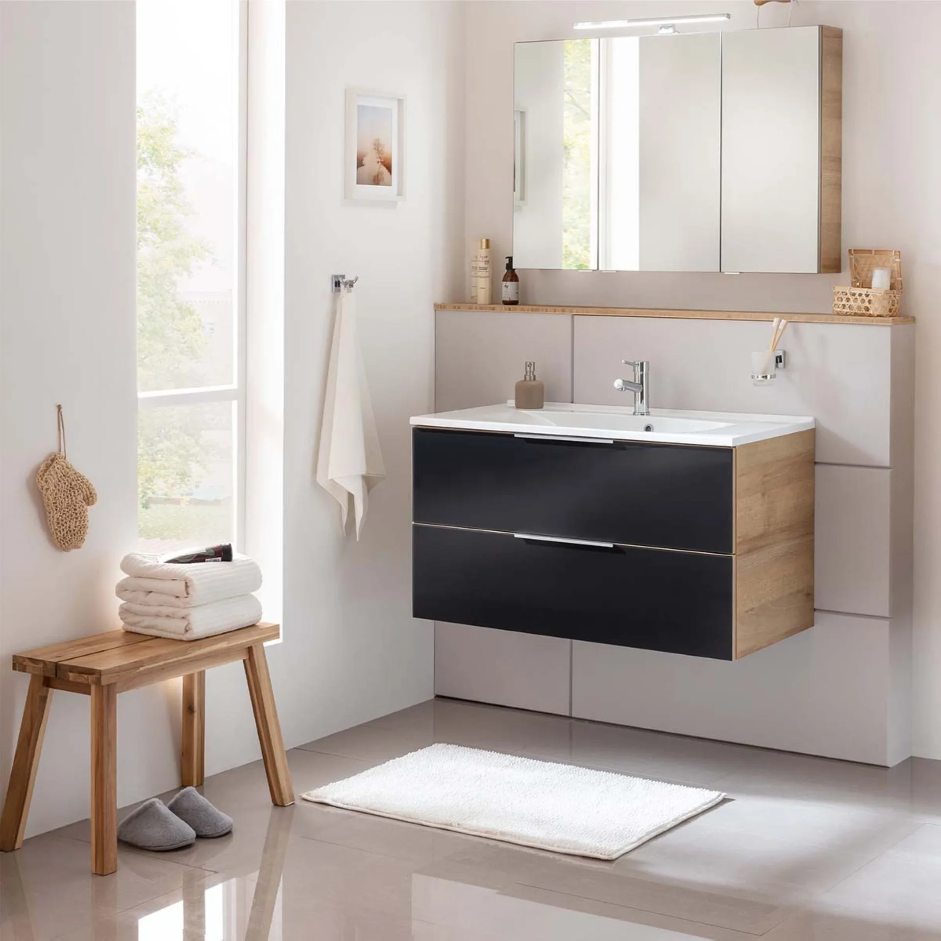FACKELMANN B.BRILLANT Waschtisch Set mit Spiegelschrank 100 cm breit, Anthrazit Glas/Braun hell, Waschbecken Gussmarmor Weiß