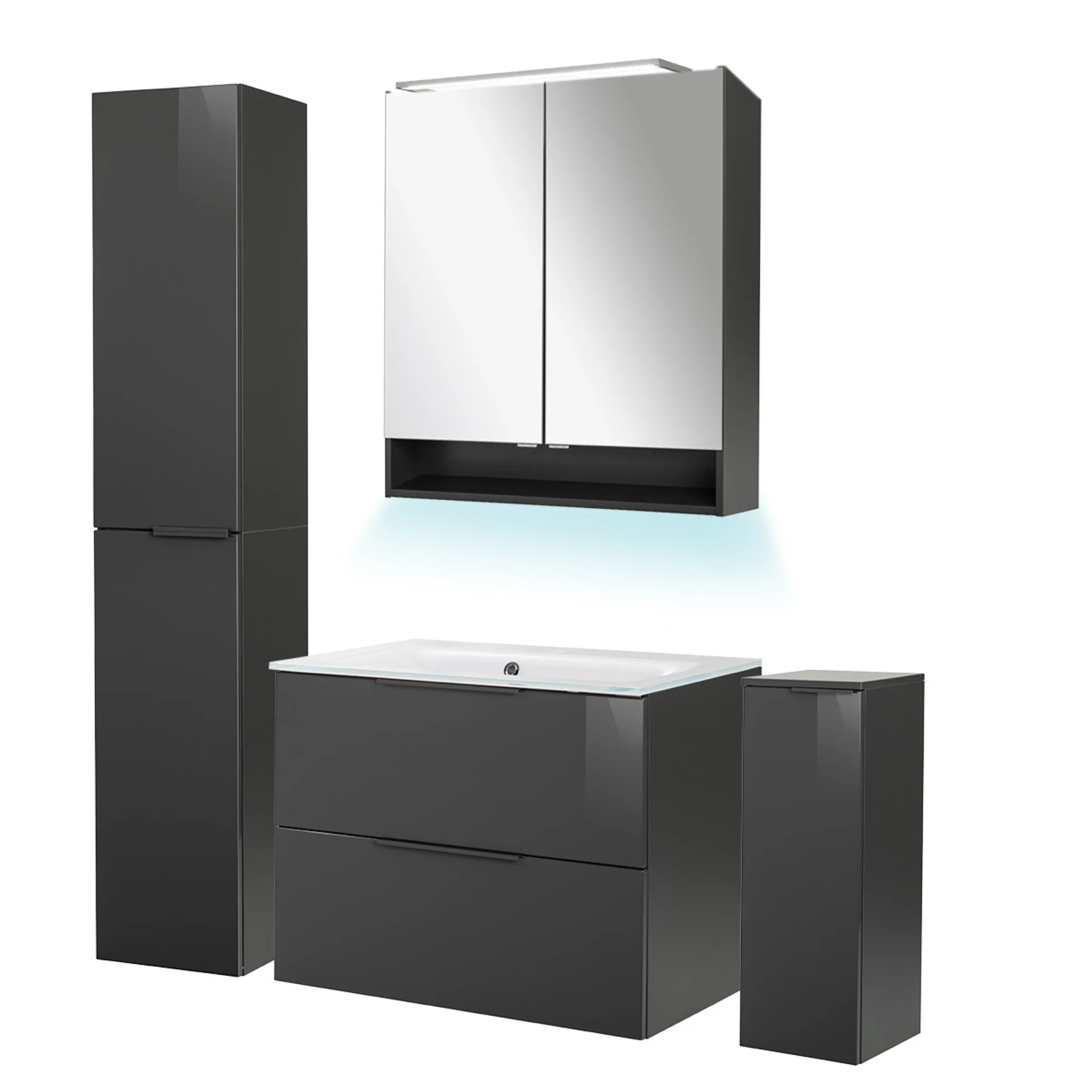 FACKELMANN LUNA Badmöbel Set 6-teilig 80 cm breit, Anthrazit, Waschbecken Glas Weiß + LED Spiegelschrank + Hochschrank + Midischrank + Ambientebeleuchtung