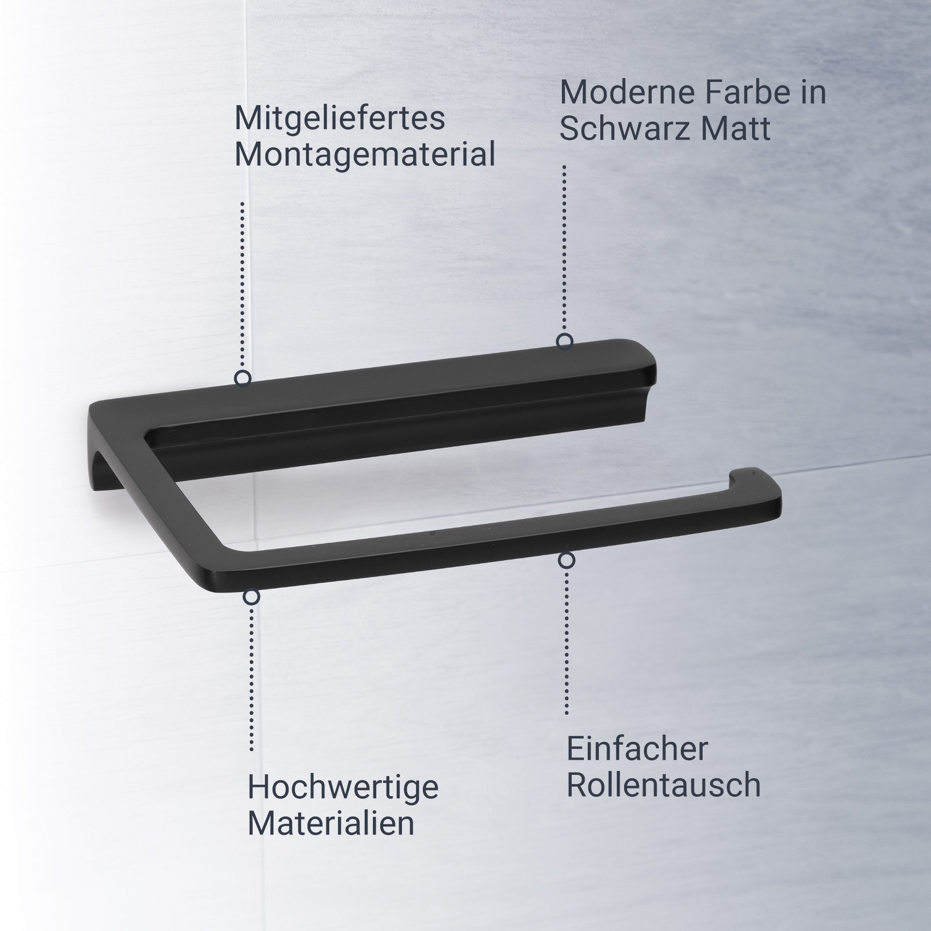 BADEDU SIRIUS Accessoire Set 3-teilig, Schwarz matt, Handtuchhaken, Toilettenpapierhalter, Ablageschale