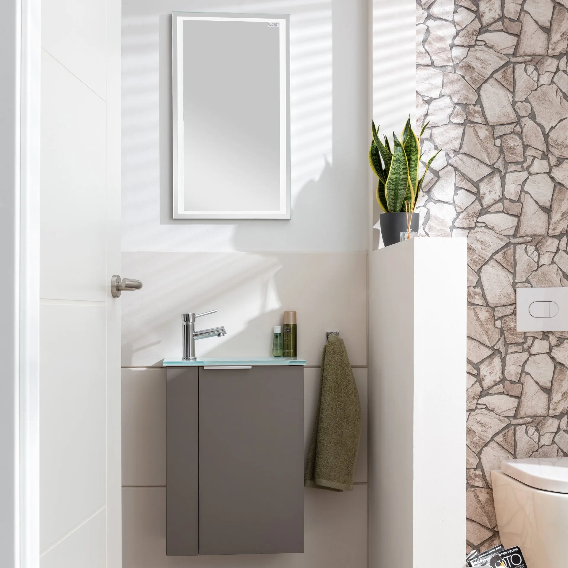 FACKELMANN SBC B.PARIS Gäste WC Waschtisch Set 45 cm breit, Grau, Waschbecken Glas Weiß, Türanschlag rechts