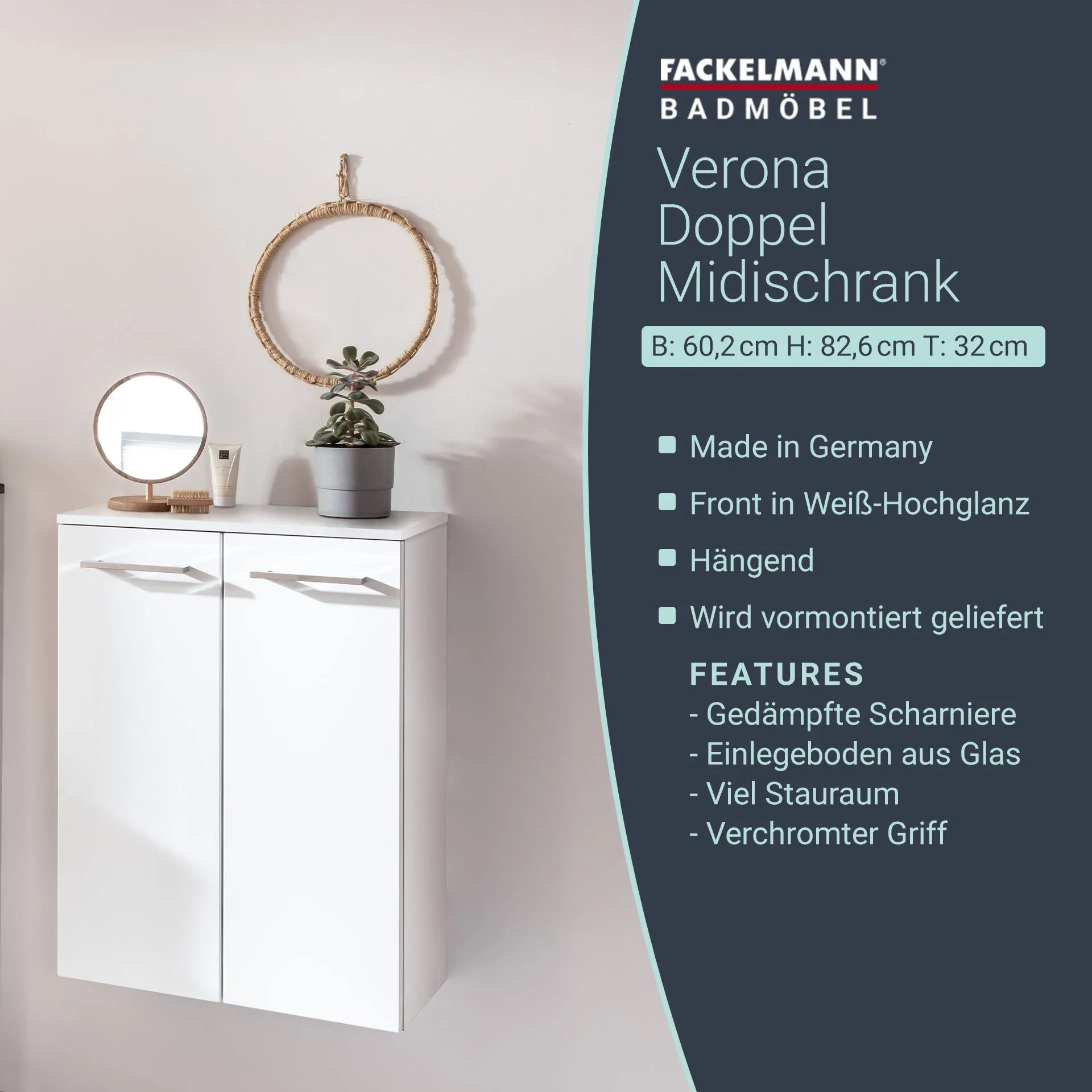 FACKELMANN VERONA Doppel Midischrank 60 cm breit, Weiß Hochglanz, mit Schublade