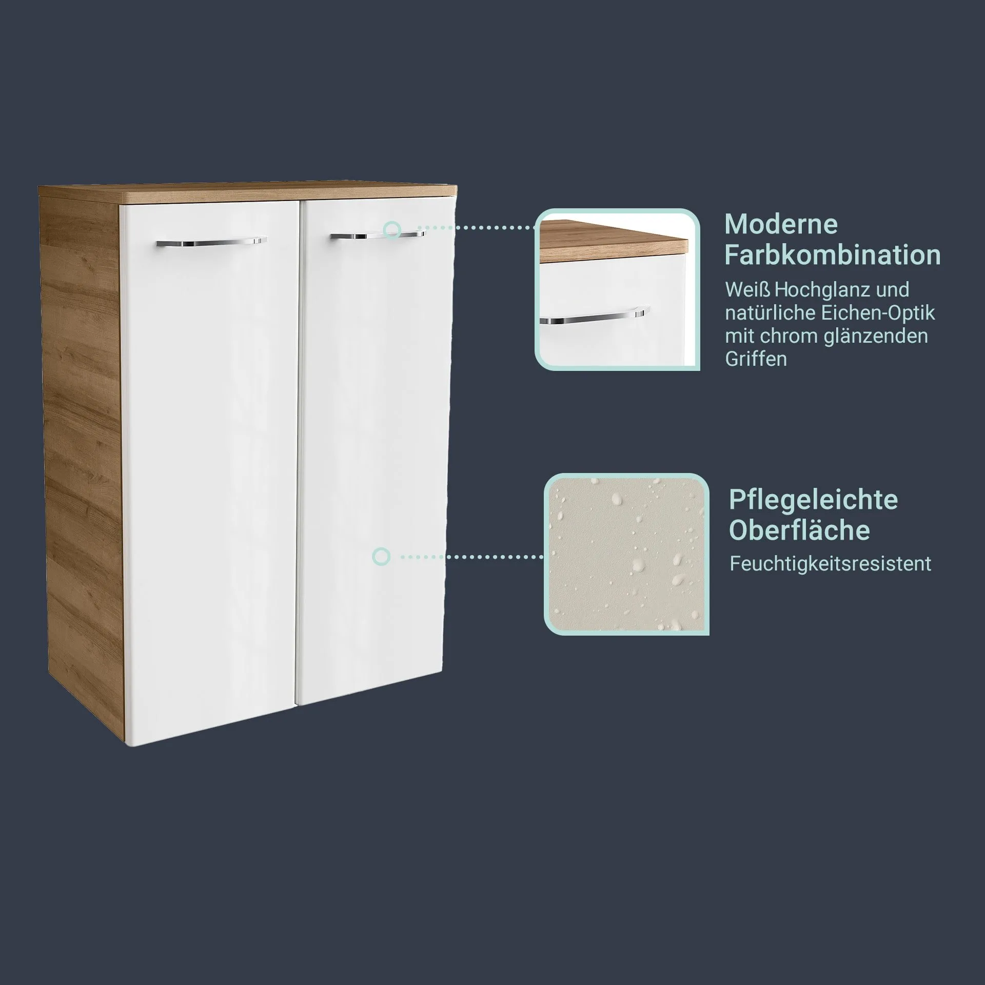 FACKELMANN MILANO Doppel Midischrank 60 cm breit, Weiß/Braun hell