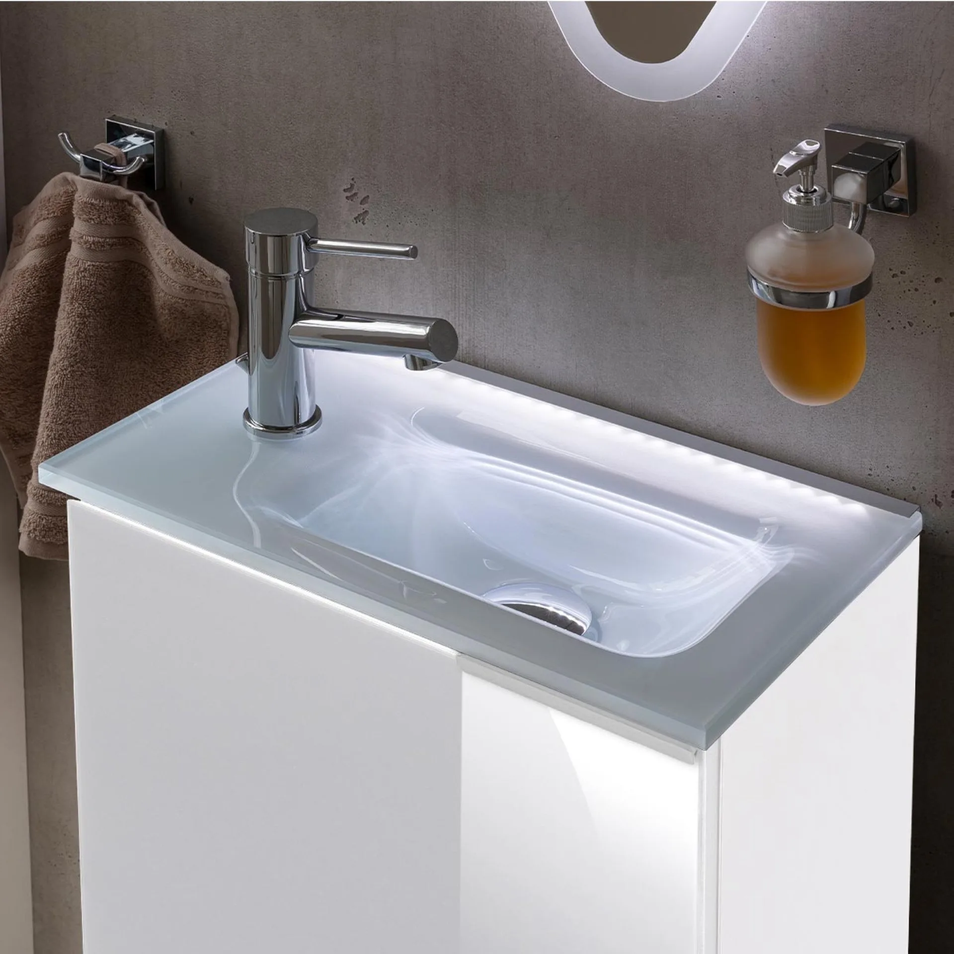 FACKELMANN SBC KARA Gäste WC Waschtisch Set 45 cm breit, Weiß, Waschbecken Glas Weiß, Türanschlag links + Waschbeckenbeleuchtung