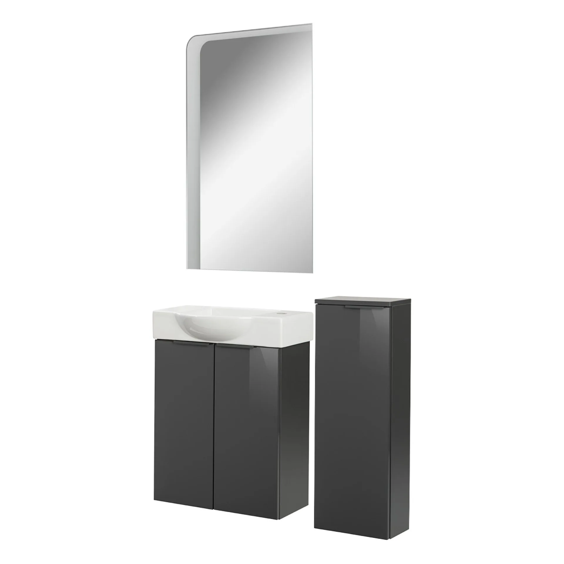 FACKELMANN SBC LUNA Gäste WC Set 4-teilig 55 cm breit, Anthrazit, Waschbecken Keramik Weiß, Hahnloch rechts + LED Spiegel + Midischrank slim