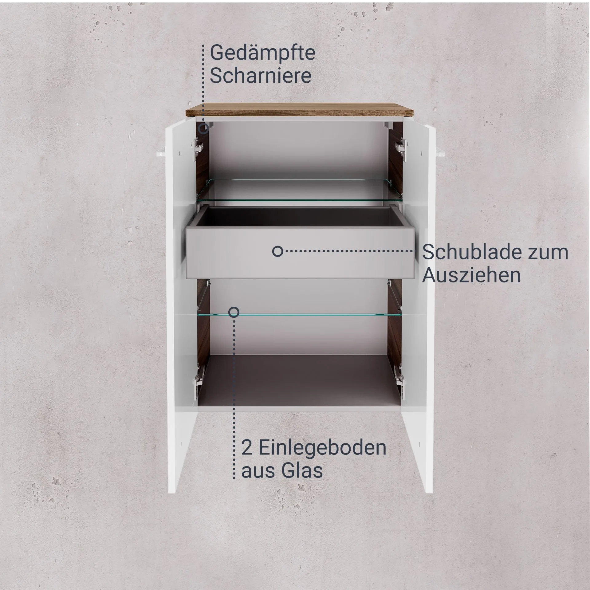 FACKELMANN VERONA Doppel Midischrank 60 cm breit, Weiß Hochglanz/Braun Dunkel, mit Schublade