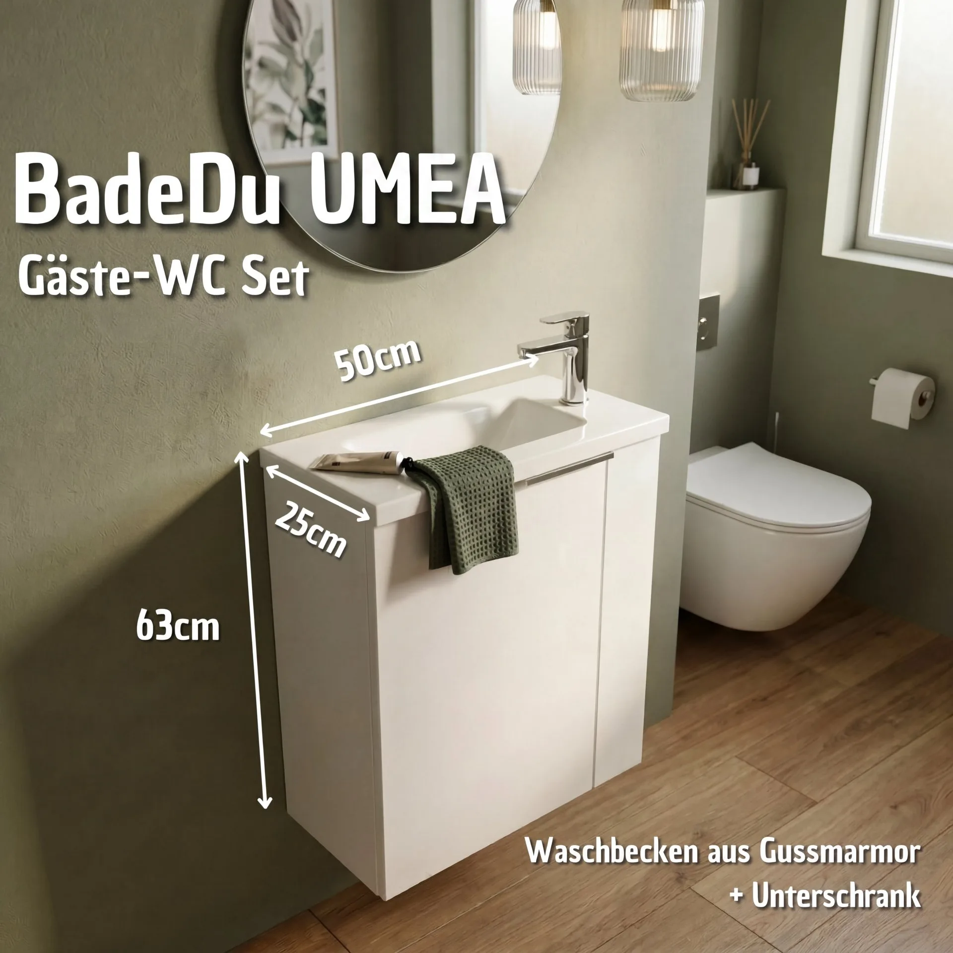 BADEDU UMEA Gäste WC Waschtisch Set 50 cm breit, Weiß, Waschbecken Gussmarmor Weiß