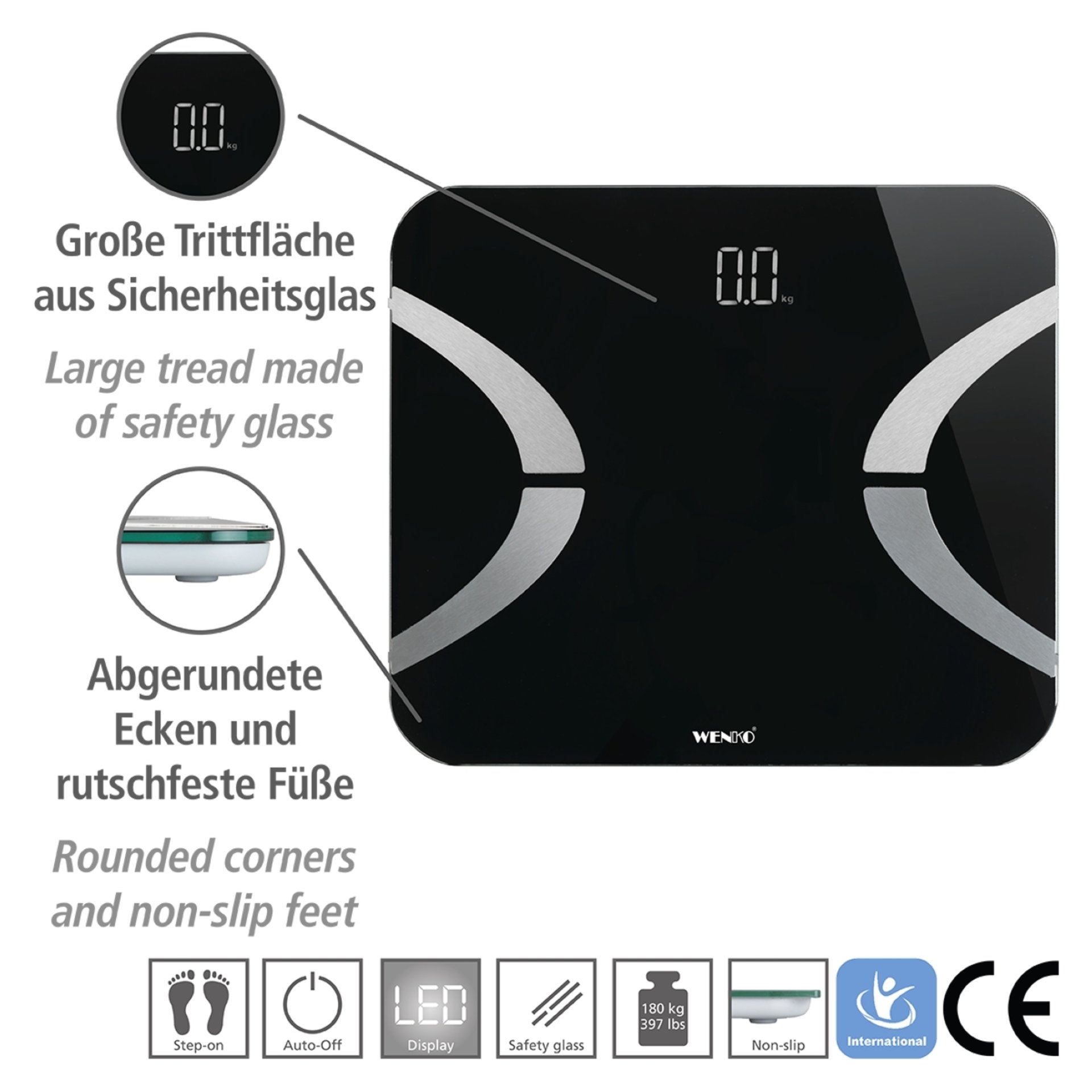 WENKO Personenwaage, Schwarz, LED, mit Bluetooth, Analysewaage, Körperfettwaage