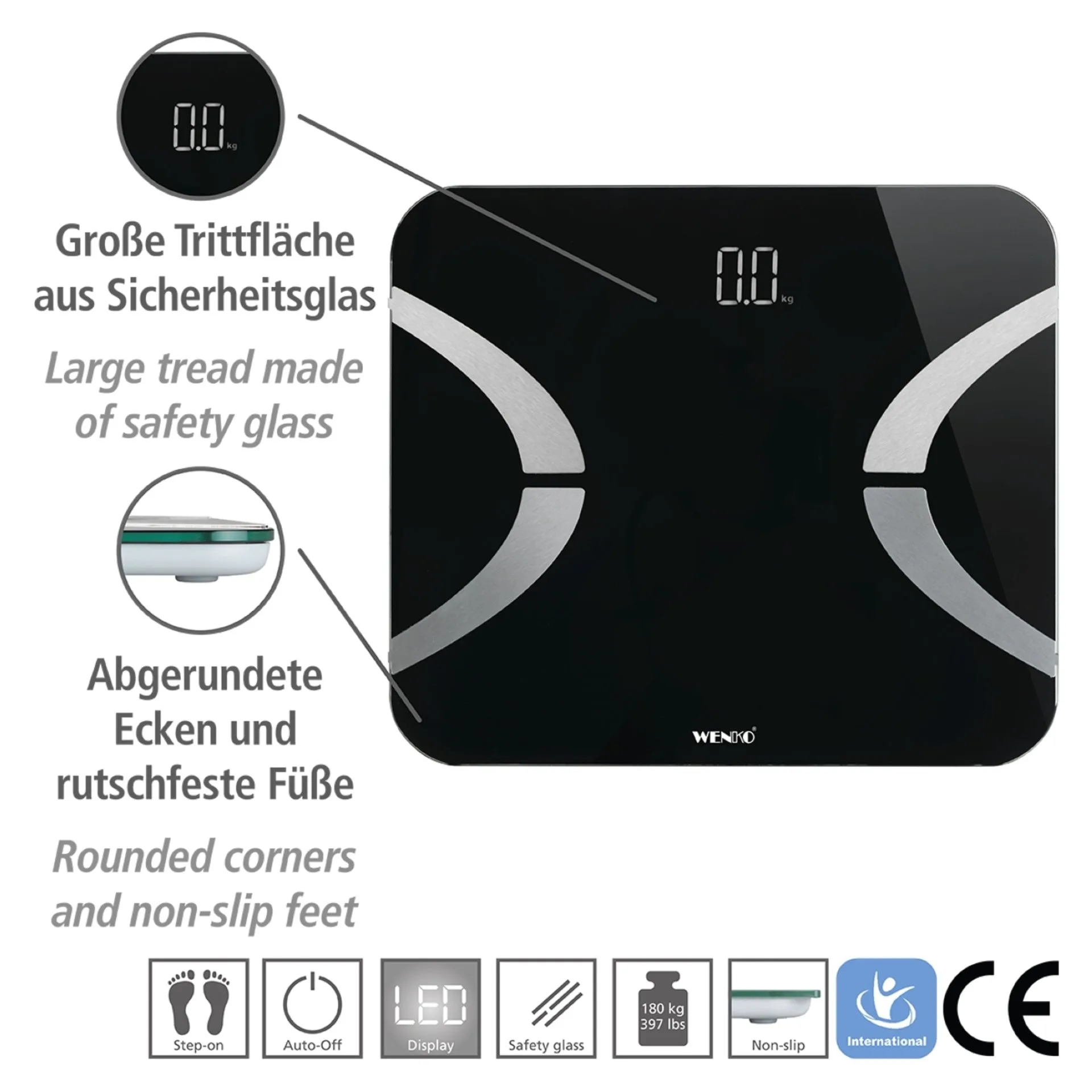 WENKO Personenwaage, Schwarz, LED, mit Bluetooth, Analysewaage, Körperfettwaage