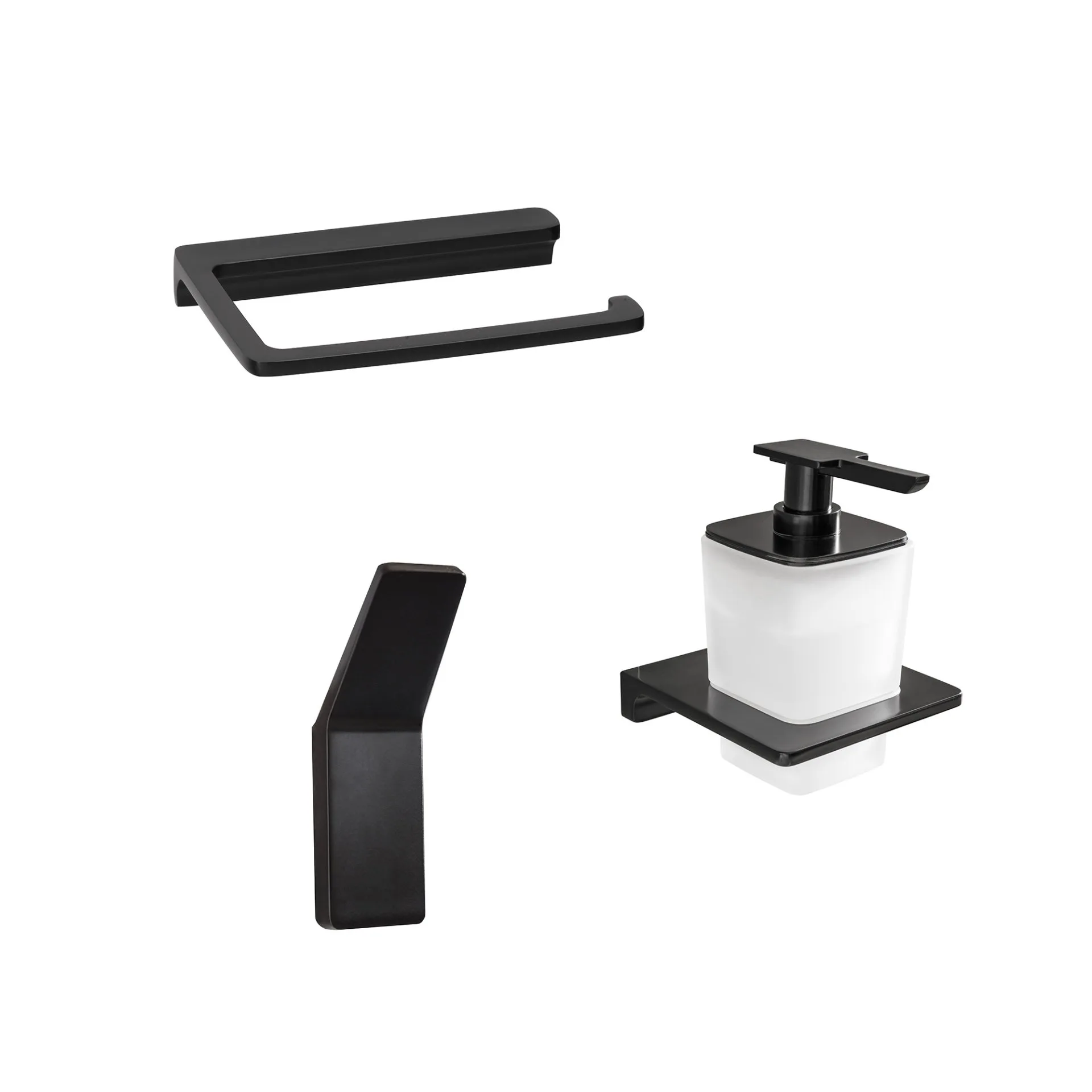 BADEDU SIRIUS Accessoire Set 3-teilig, Schwarz matt, Handtuchhaken, Toilettenpapierhalter, Seifenspender mit Halter