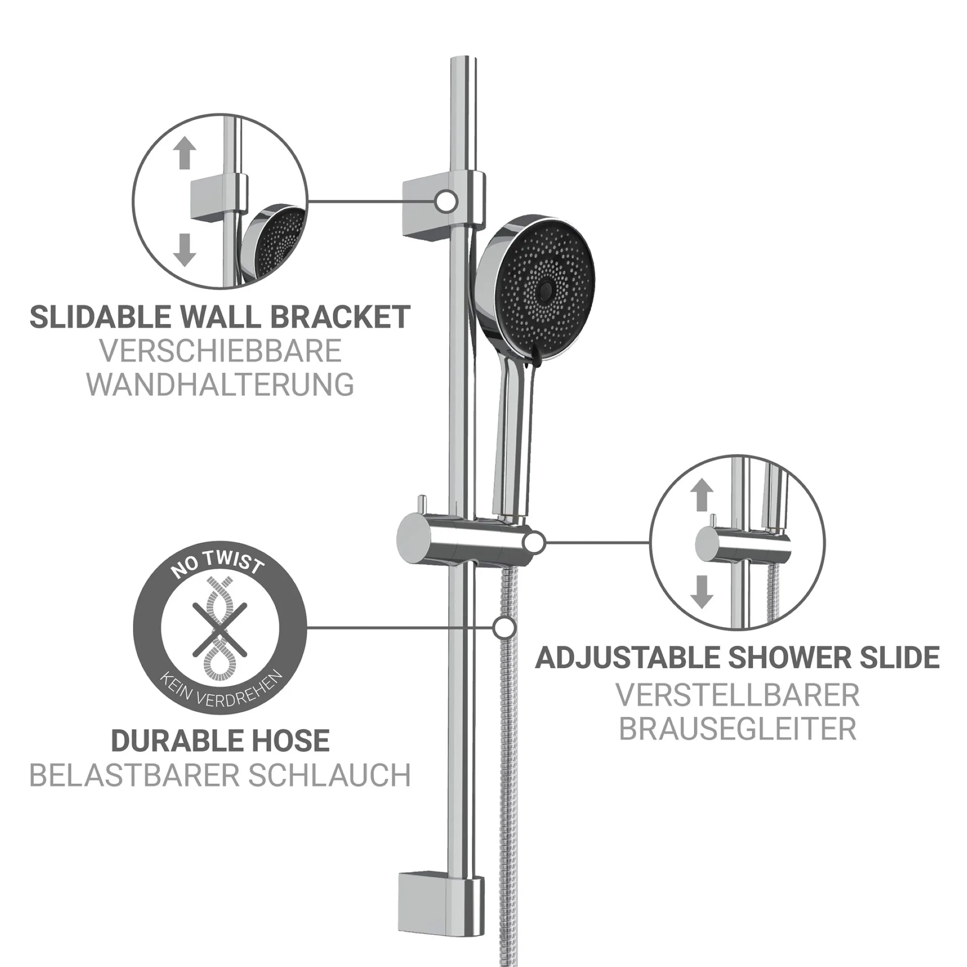 WENKO SOFTWATER Stangenbrause Set 70 cm, Chrom, Edelstahl, 3 verschiedene Wasserstrahlarten