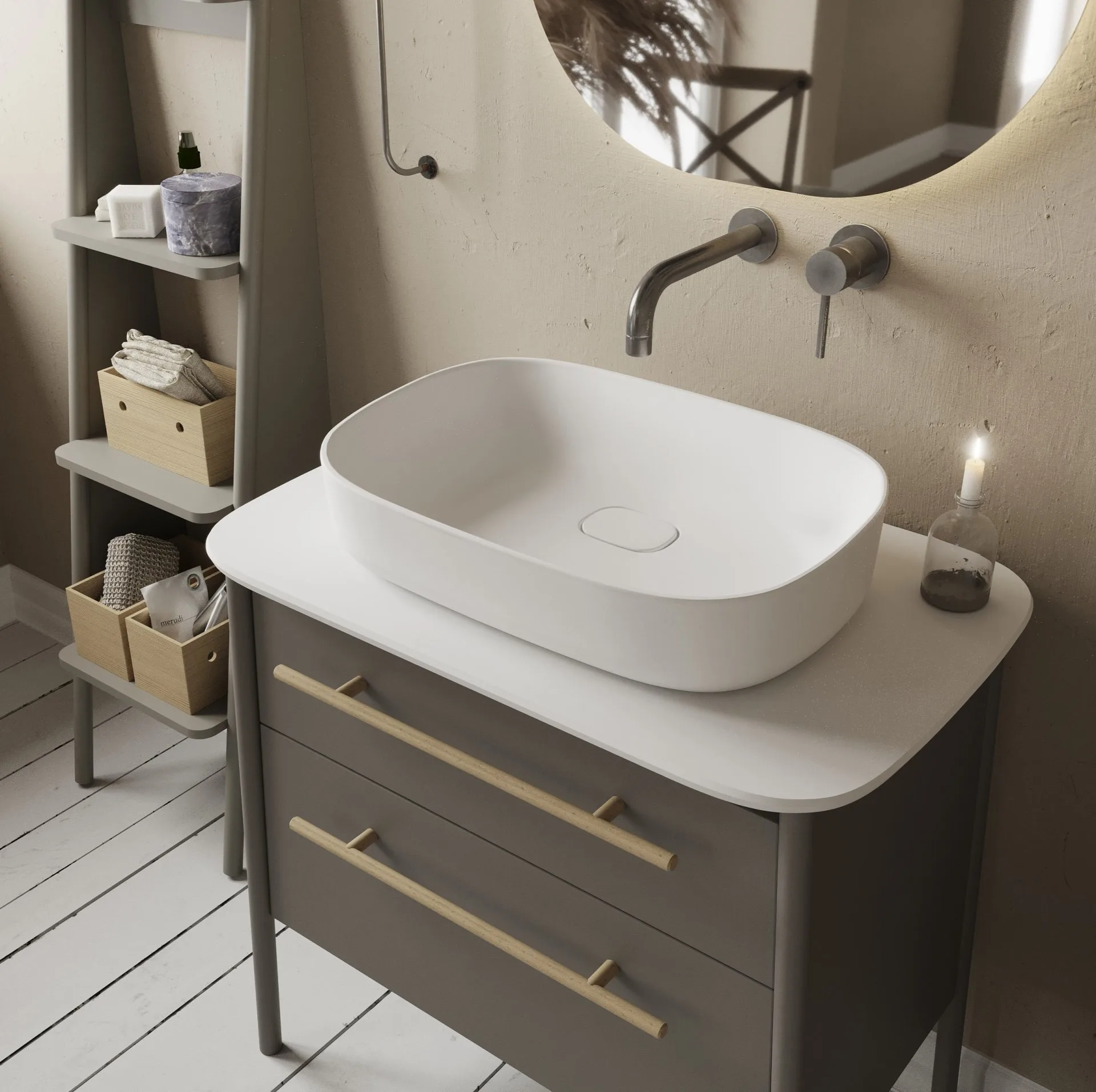 BADEDU TANA Waschbecken mit Unterschrank 80 cm breit, Grau matt, Waschbecken Gussmarmor Weiß, mit Füßen