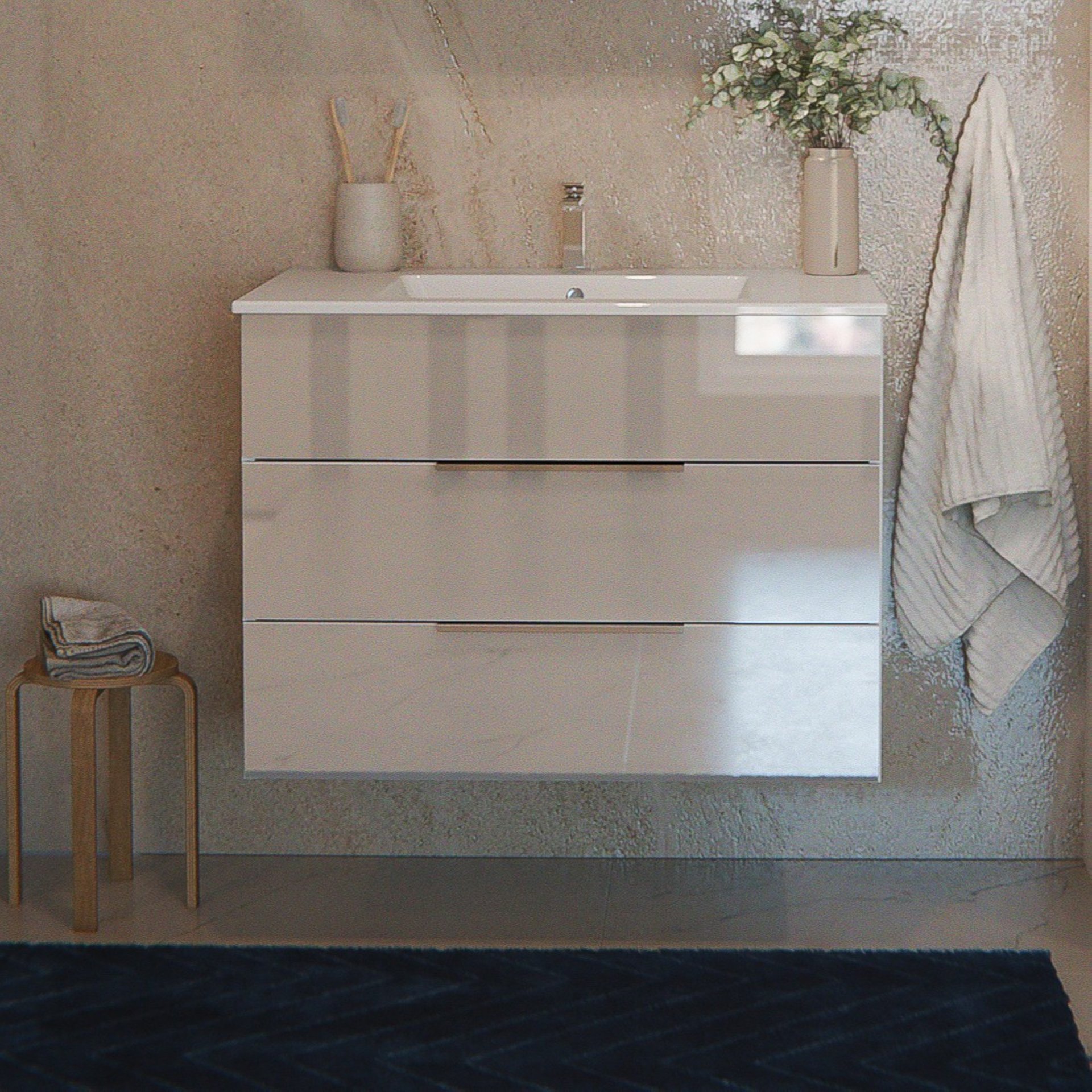 FACKELMANN KARA Waschbecken mit Unterschrank 80 cm breit, Weiß, Waschbecken Keramik Weiß, 2 Schubladen