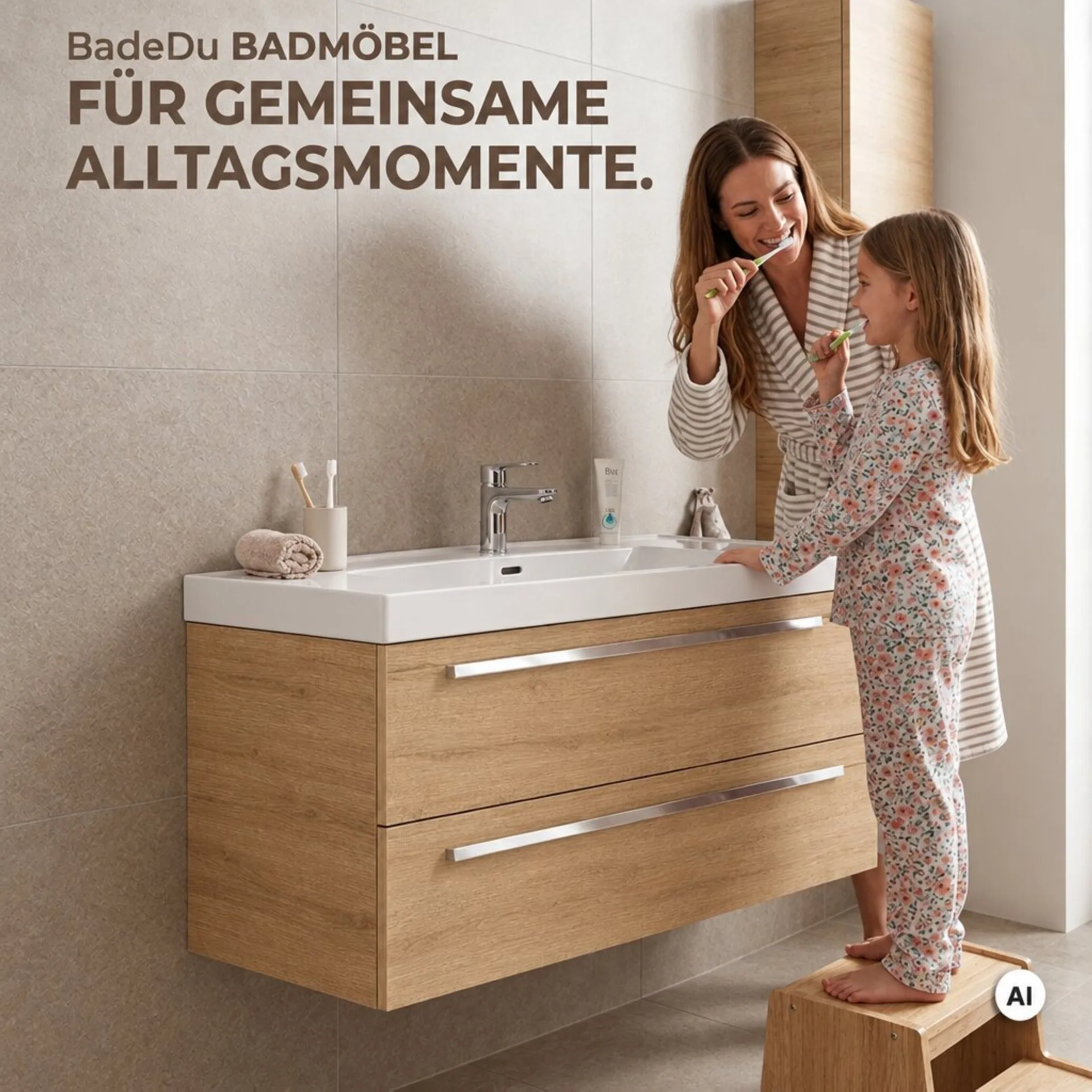 BADEDU TESSANO Waschbecken mit Unterschrank 120 cm breit, Braun hell, Waschbecken Keramik Weiß