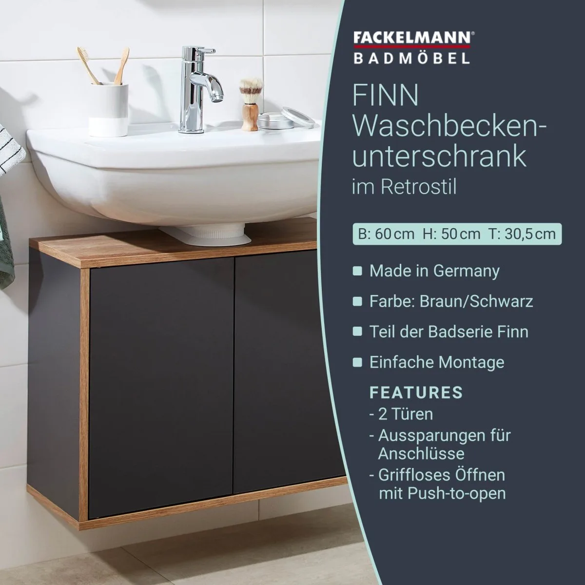 FACKELMANN FINN Waschbeckenunterschrank 60 cm breit, Anthrazit/Braun hell