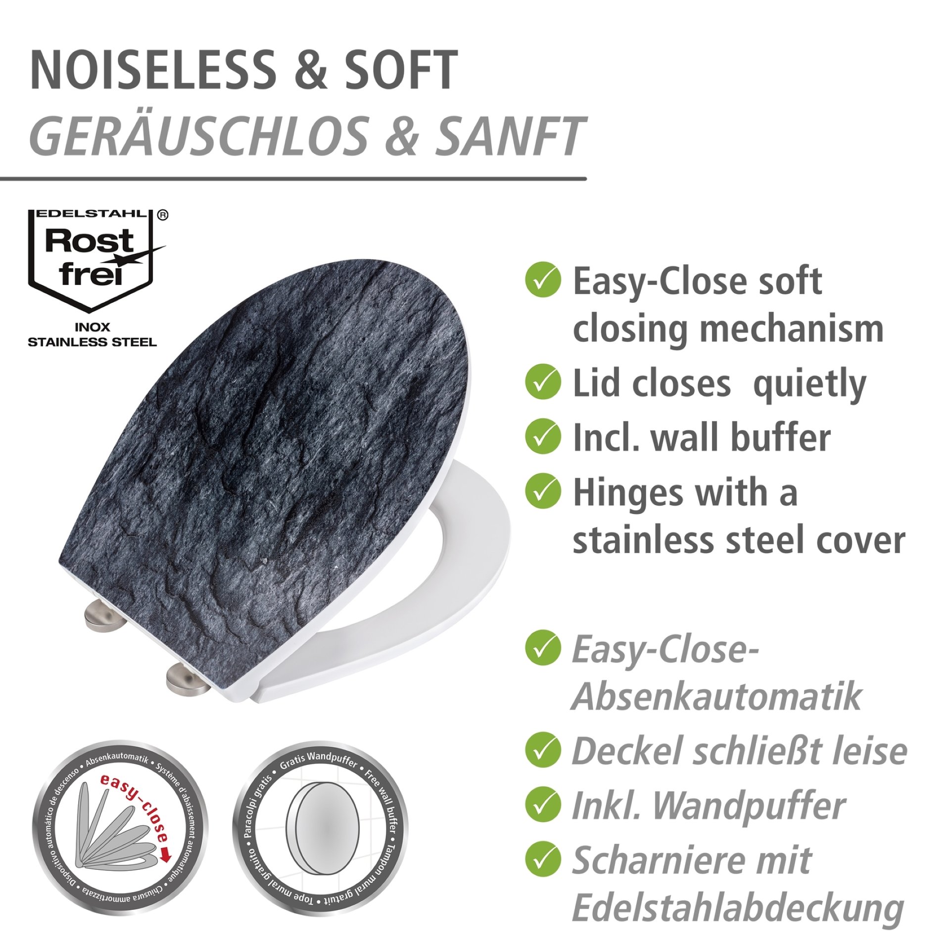 WENKO SLATE ROCK WC-Sitz, Grau, mit Absenkautomatik