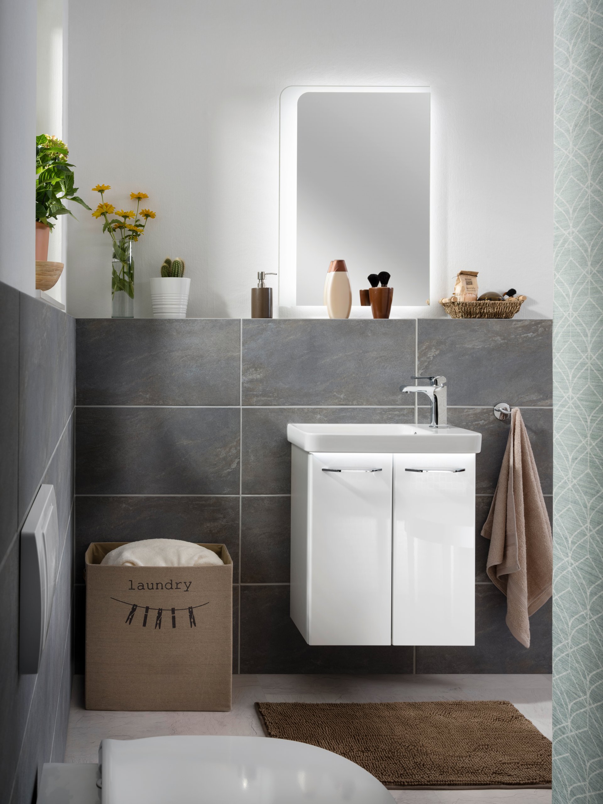 FACKELMANN MILANO Gäste WC Waschtisch Set 55 cm breit, Weiß, Waschbecken Keramik Weiß