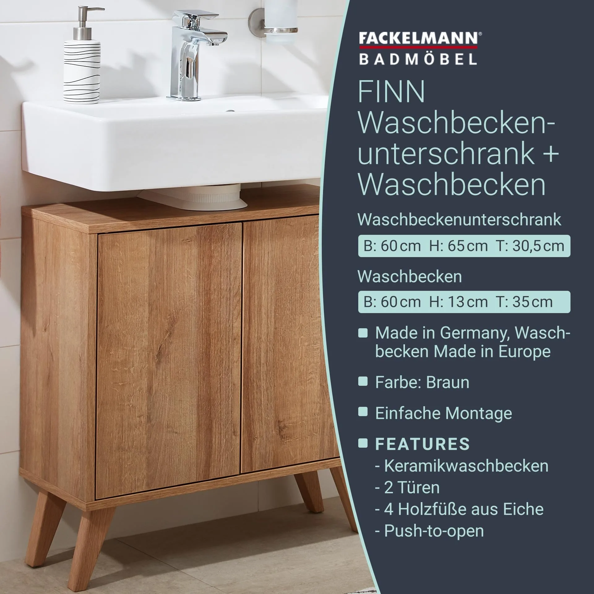 FACKELMANN FINN Waschbecken mit Unterschrank 60 cm breit, Braun hell, Waschbecken Keramik Weiß + Holzfüße