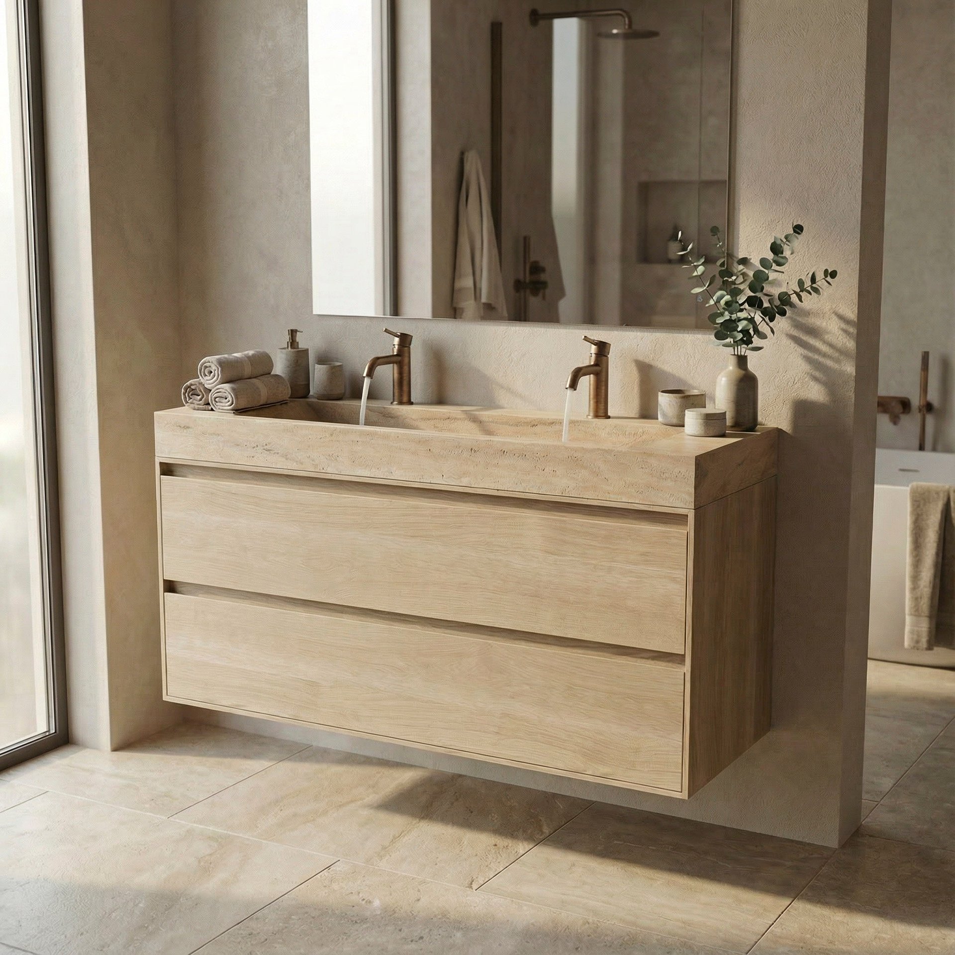 FORZALAQUA IBIZA BELLEZZA Waschbecken mit Unterschrank 120 cm breit, Braun hell, Natursteinwaschbecken Travertin matt mit zwei Hahnlöchern, 2 Schubladen
