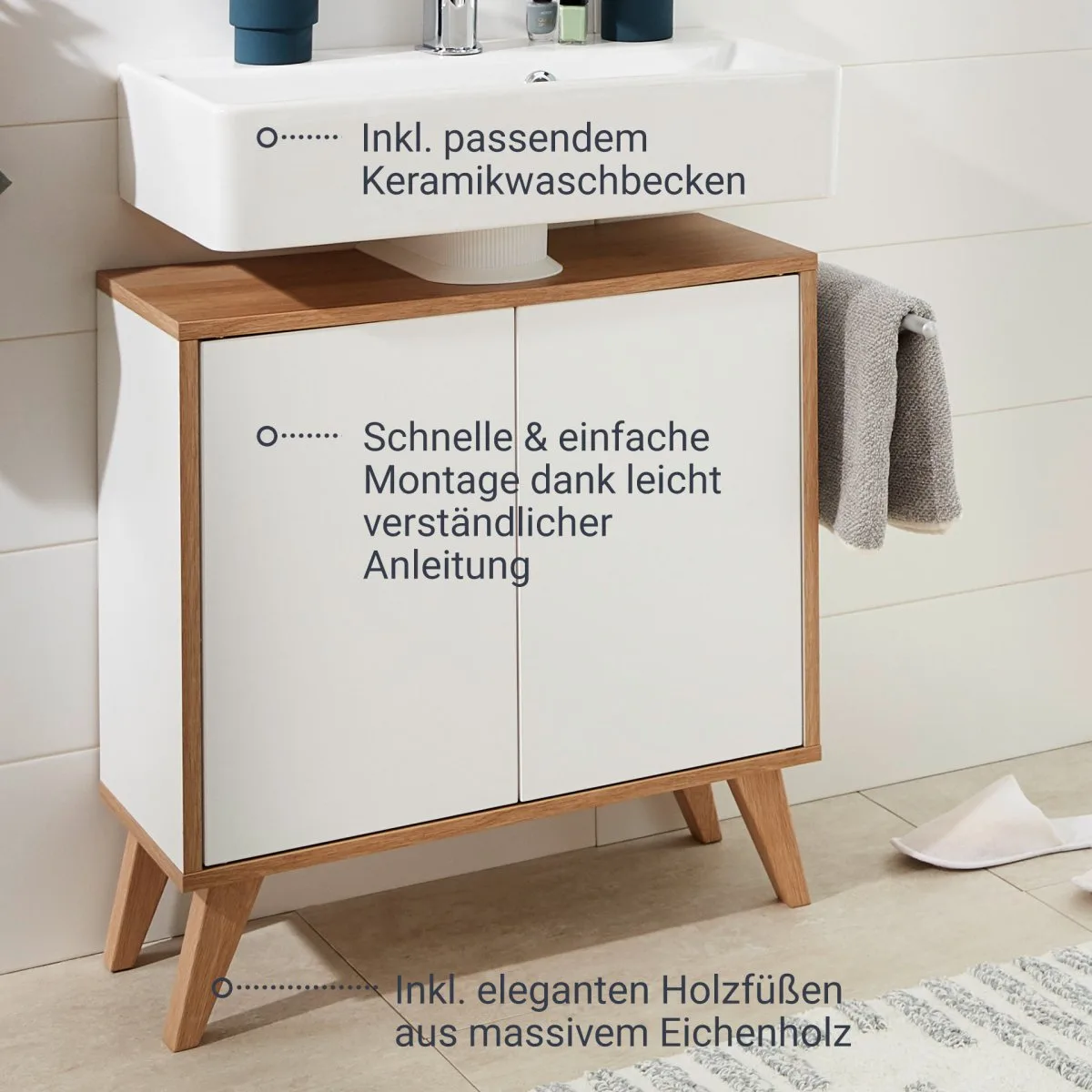 FACKELMANN FINN Waschbecken mit Unterschrank 60 cm breit, Weiß/Braun hell, Waschbecken Keramik Weiß + Holzfüße