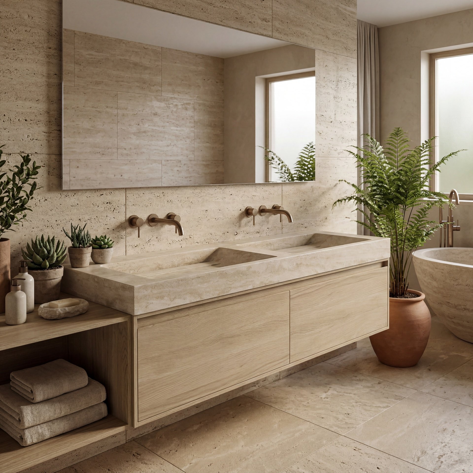 FORZALAQUA IBIZA BELLEZZA Waschbecken mit Unterschrank 160 cm breit, Braun hell, Doppelwaschbecken Naturstein Travertin matt ohne Hahnloch, 2 Schubladen