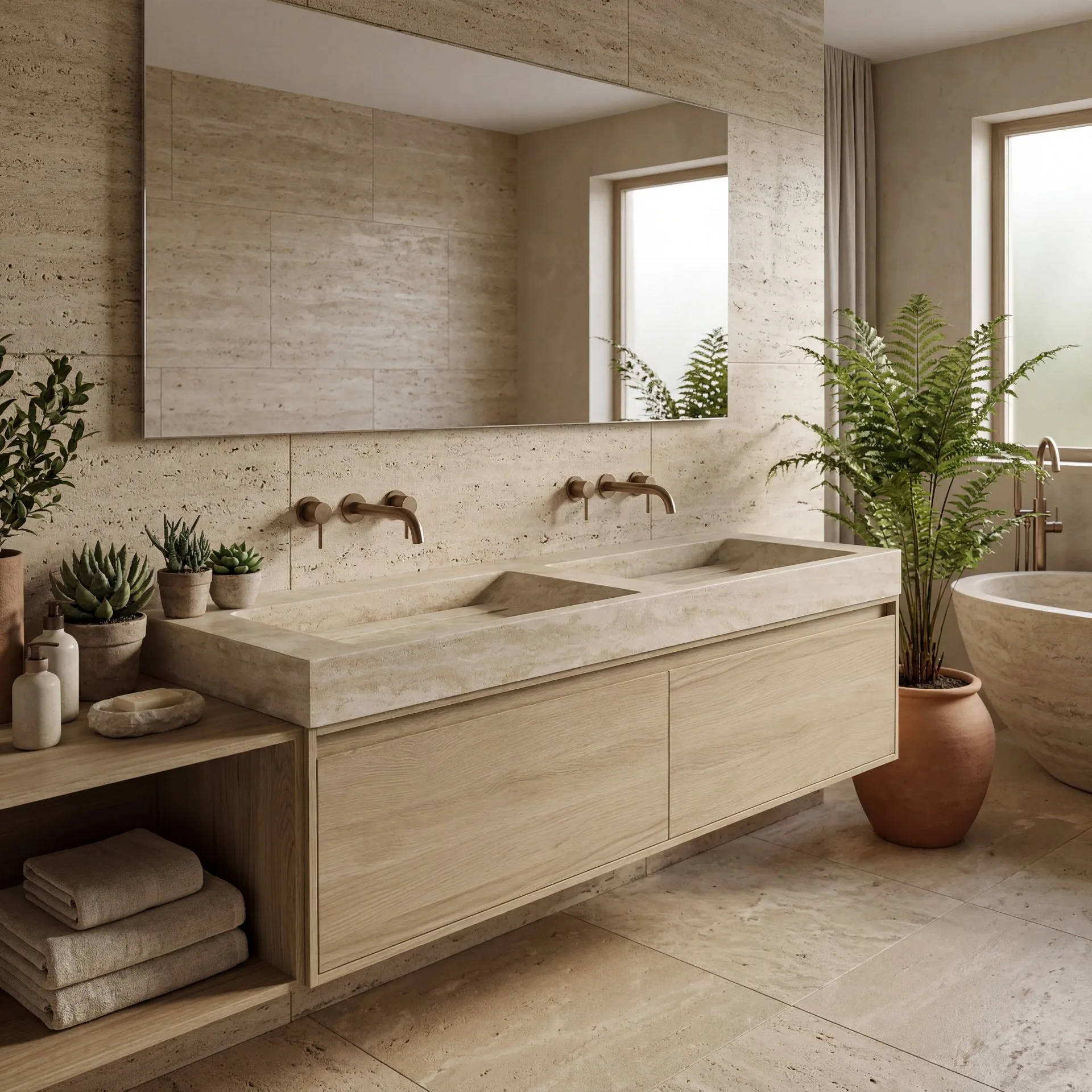 FORZALAQUA IBIZA BELLEZZA Waschbecken mit Unterschrank 160 cm breit, Braun hell, Doppelwaschbecken Naturstein Travertin matt ohne Hahnloch, 2 Schubladen