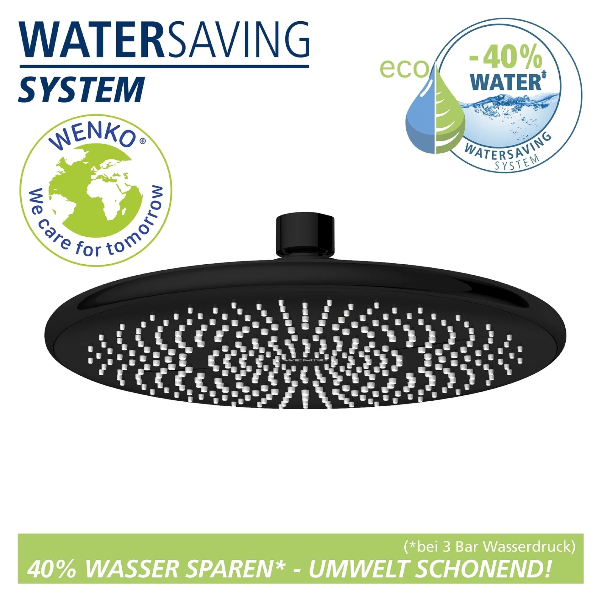 WENKO Duschkopf Regendusche Ø 22,5 cm, Schwarz, mit Wassersparsystem, 3 verschiedene Wasserstrahlarten