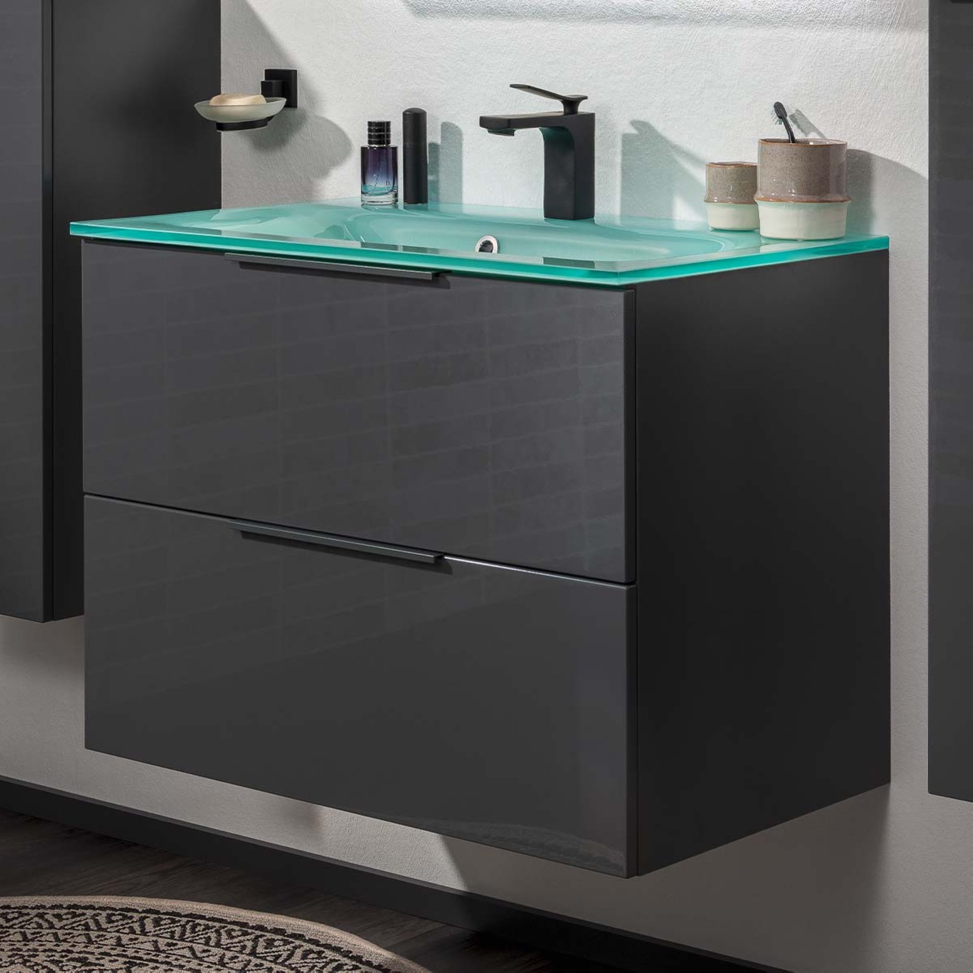 FACKELMANN LUNA Waschbecken mit Unterschrank 80 cm breit, Anthrazit, Waschbecken Glas Mint