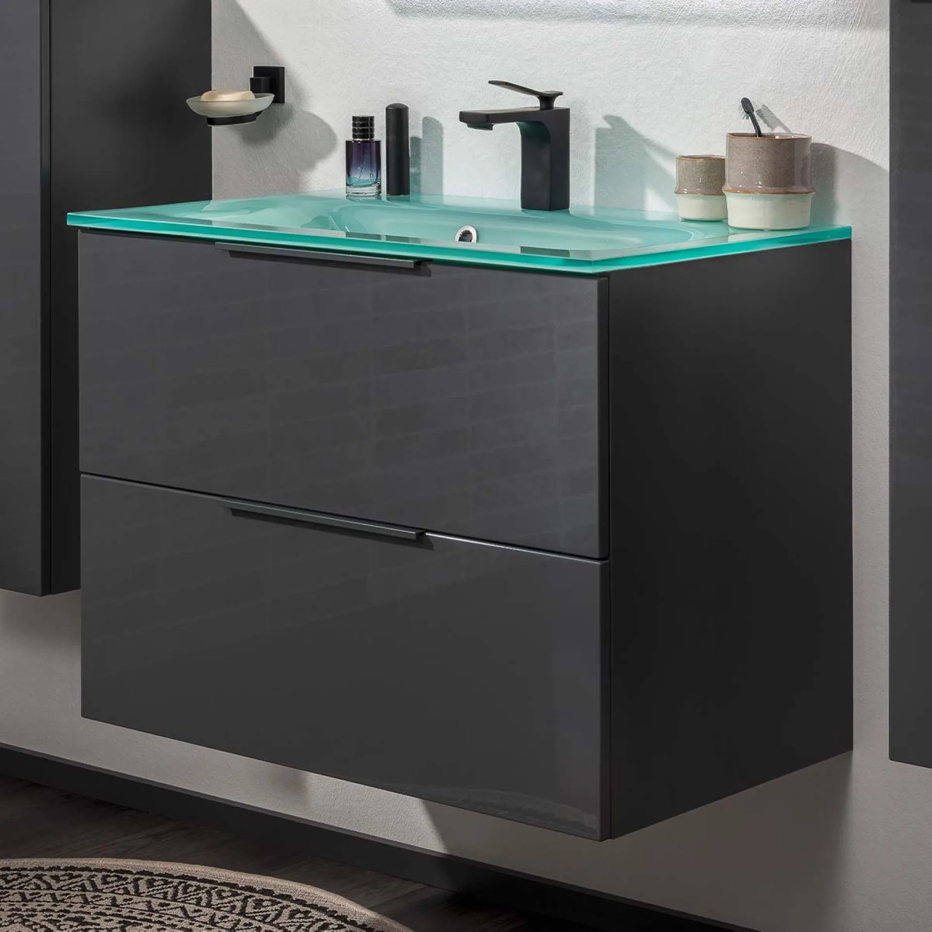 FACKELMANN LUNA Waschbecken mit Unterschrank 80 cm breit, Anthrazit, Waschbecken Glas Mint