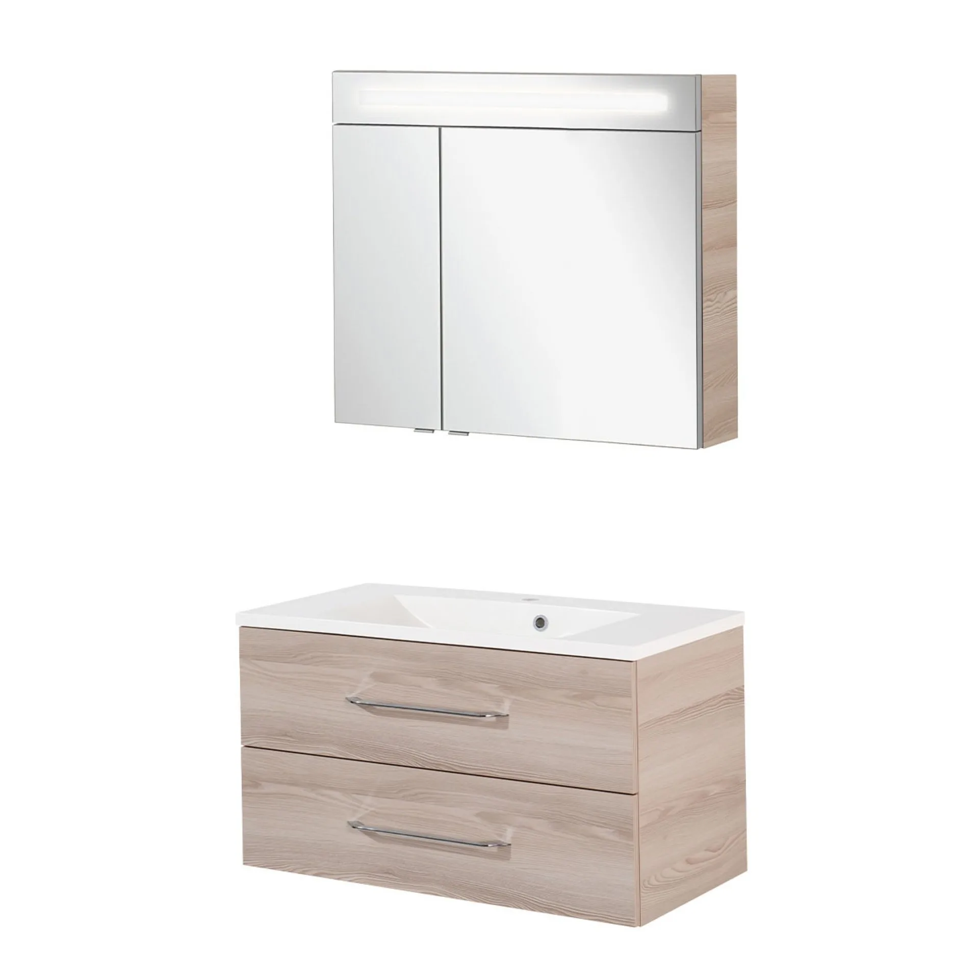FACKELMANN B.CLEVER Waschtisch Set mit Spiegelschrank 90 cm breit, Braun hell, Waschbecken Gussmarmor Weiß